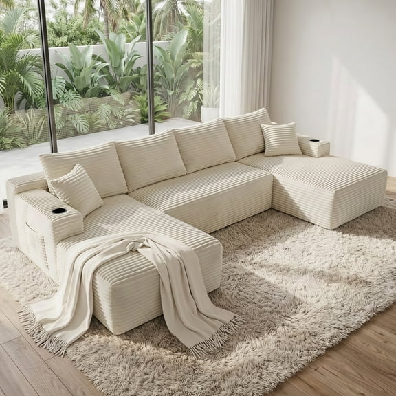 ShiKeyi 134" Modular U-Shaped Cloud Sofa, 5-Seater Corduroy Sectional Couch with Deep Seats Double Chaise & Soft Boneless Design, Beige