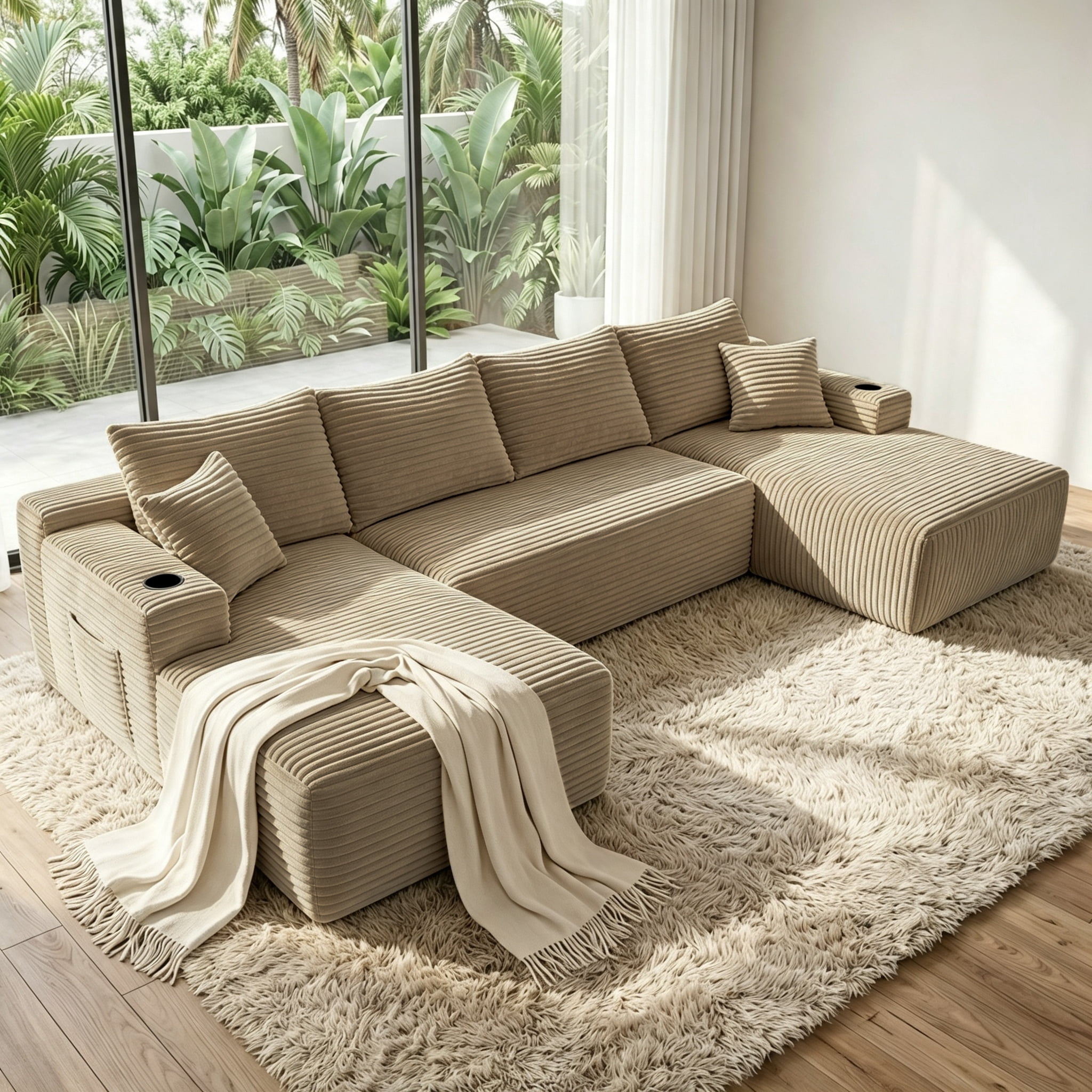 ShiKeyi 134" Modular U-Shaped Cloud Sofa, 5 Seater Corduroy Sectional Couch with Deep Seats Double Chaise & Soft Boneless Design, Camel