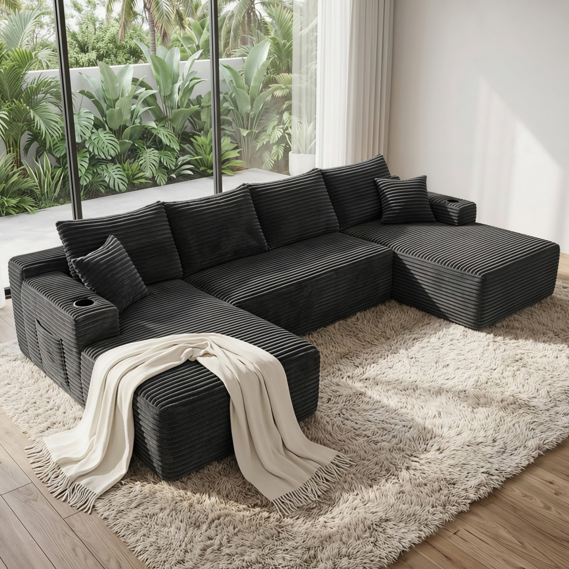 ShiKeyi 134" Modular U-Shaped Cloud Sofa, 5-Seater Corduroy Sectional Couch with Deep Seats Double Chaise & Soft Boneless Design, Gray