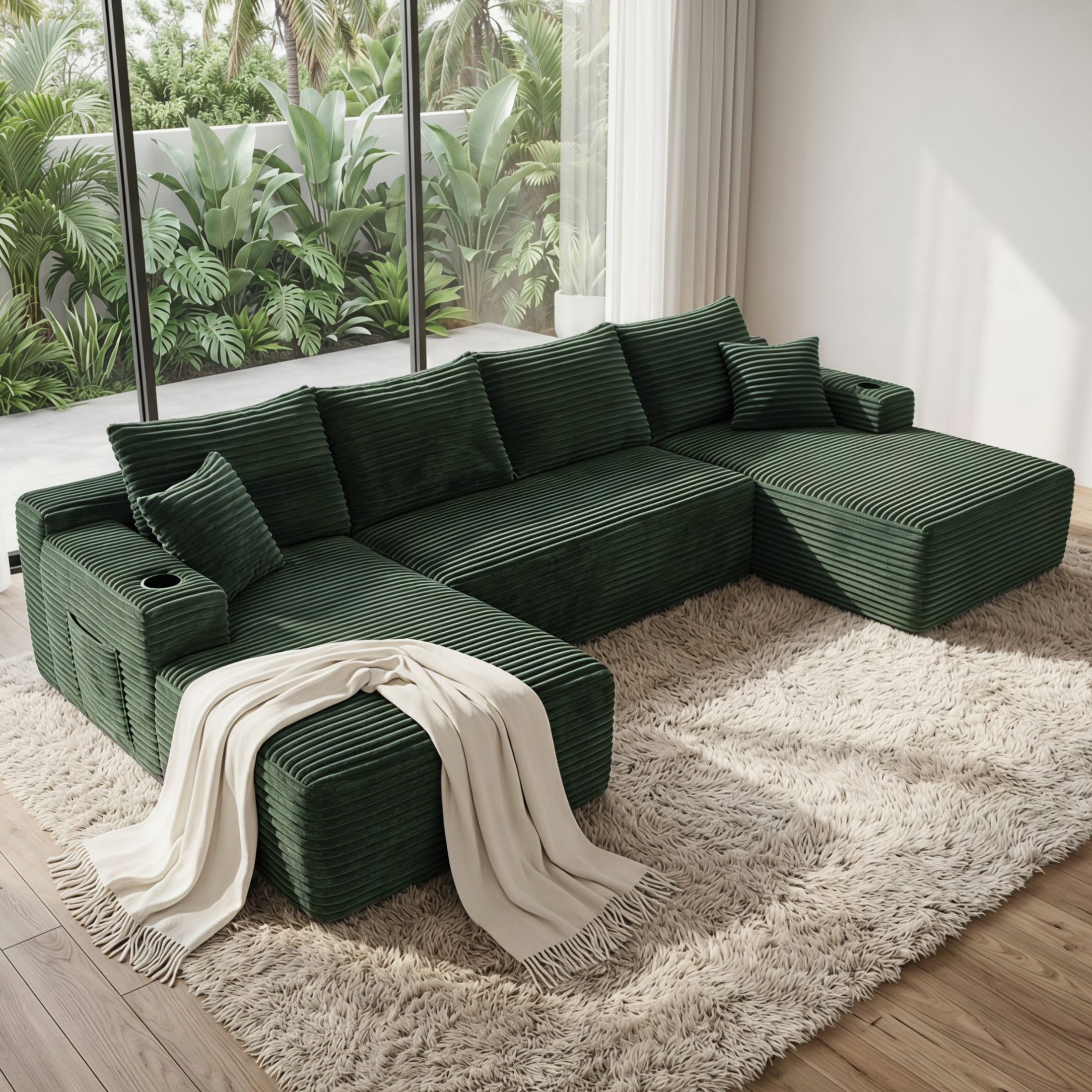 ShiKeyi 134" Modular U-Shaped Cloud Sofa, 5 Seater Corduroy Sectional Couch with Deep Seats Double Chaise & Soft Boneless Design, Green