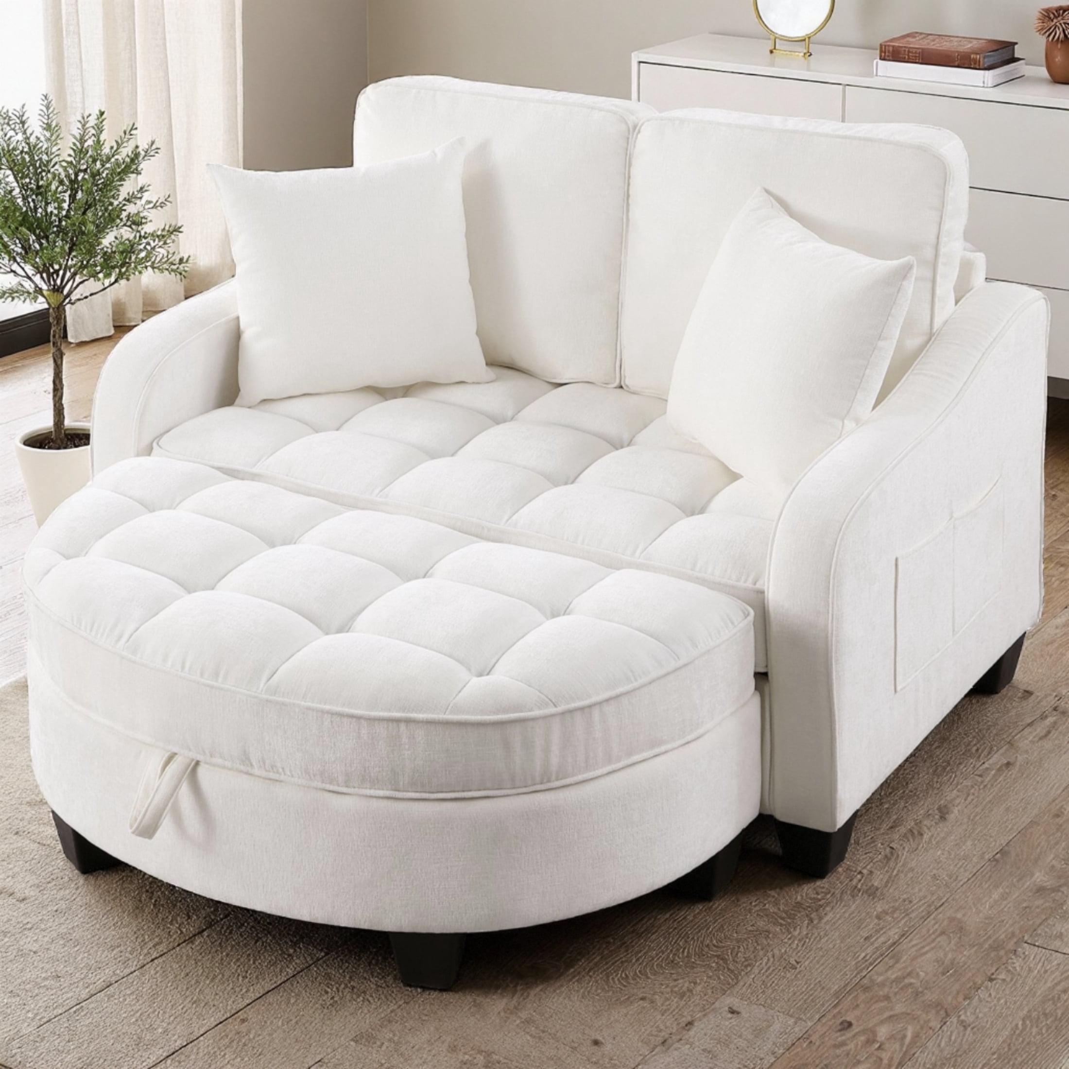 ShiKeyi 2 Seater Sofa with Double Chaise Lounge and Storage Ottoman, Adjustable Backrest Chenille Couch with Side Pockets and 2 Pillows, Beige