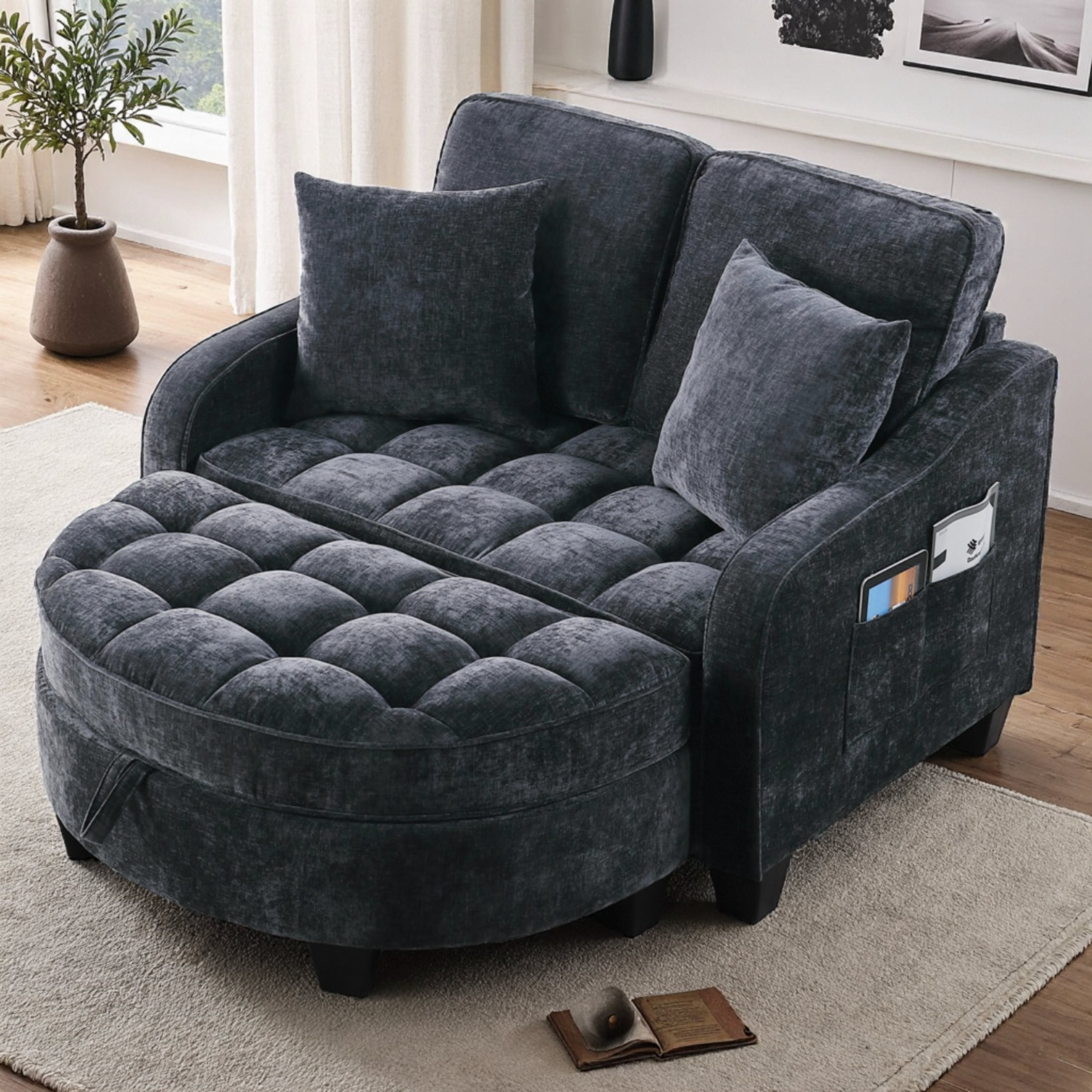 ShiKeyi 2 Seater Sofa with Double Chaise Lounge and Storage Ottoman, Adjustable Backrest Chenille Couch with Side Pockets and 2 Pillows, Black