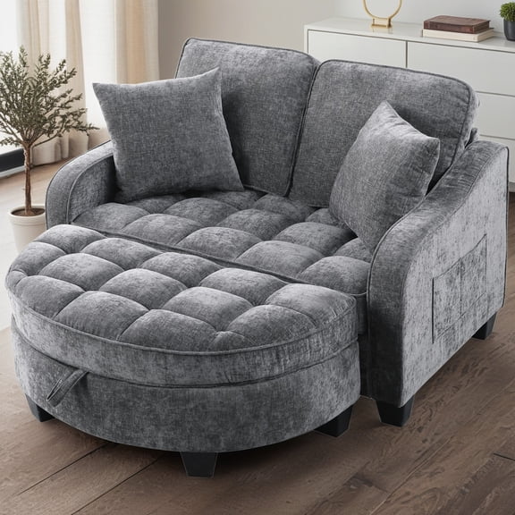 ShiKeyi 2 Seater Sofa with Double Chaise Lounge and Storage Ottoman, Adjustable Backrest Chenille Couch with Side Pockets and 2 Pillows, Gray