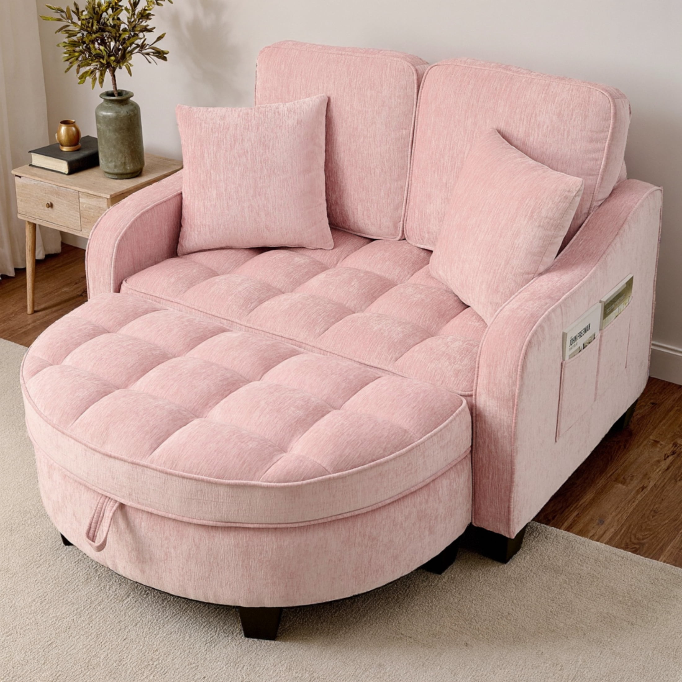 ShiKeyi 2 Seater Sofa with Double Chaise Lounge and Storage Ottoman, Adjustable Backrest Chenille Couch with Side Pockets and 2 Pillows, Pink