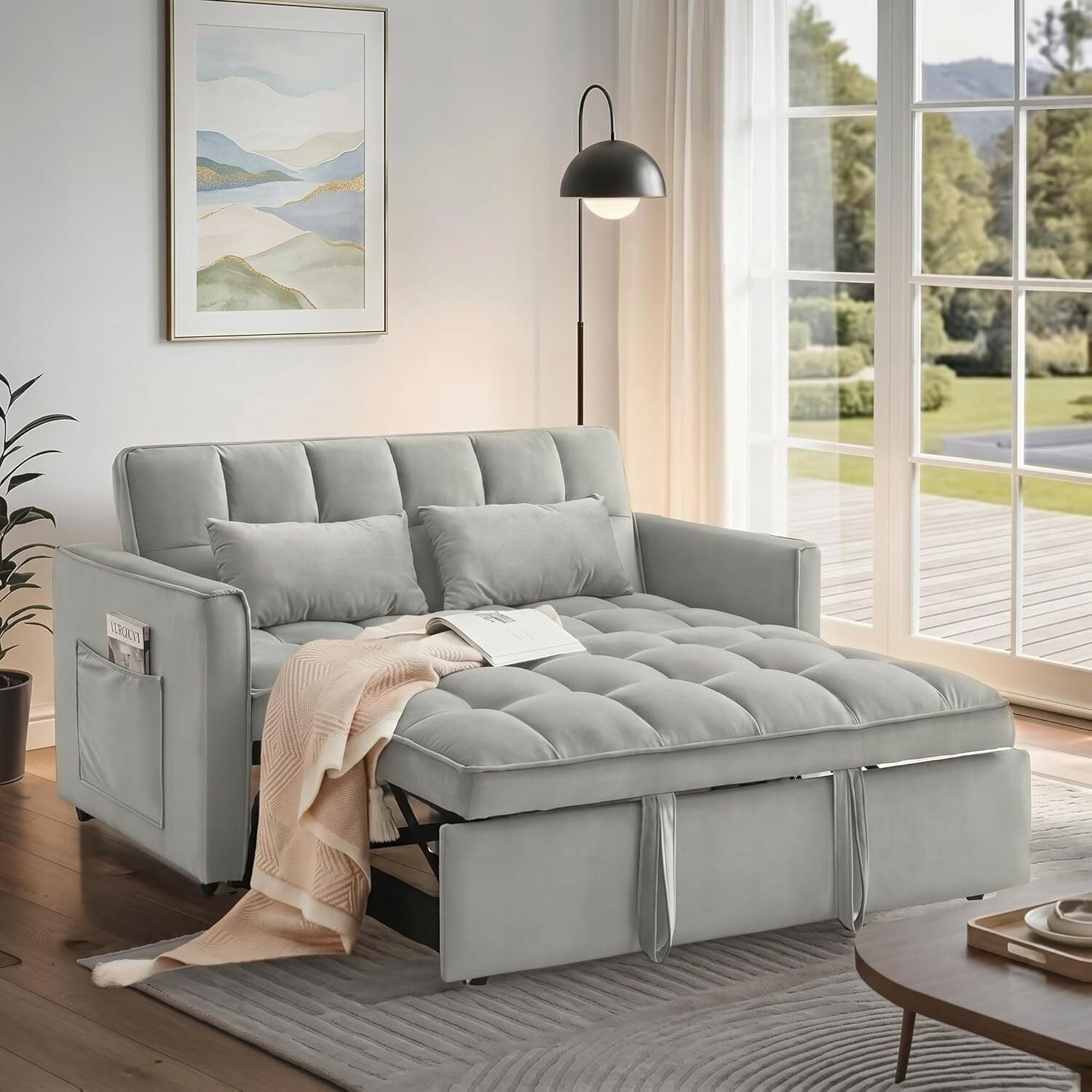 ShiKeyi 3 in 1 Convertible Sleeper Futon Sofa Bed, 55" Pull Out Sofa Bed with Storage Pocket/Side Pocket/2 Pillows for Living Room, Gray