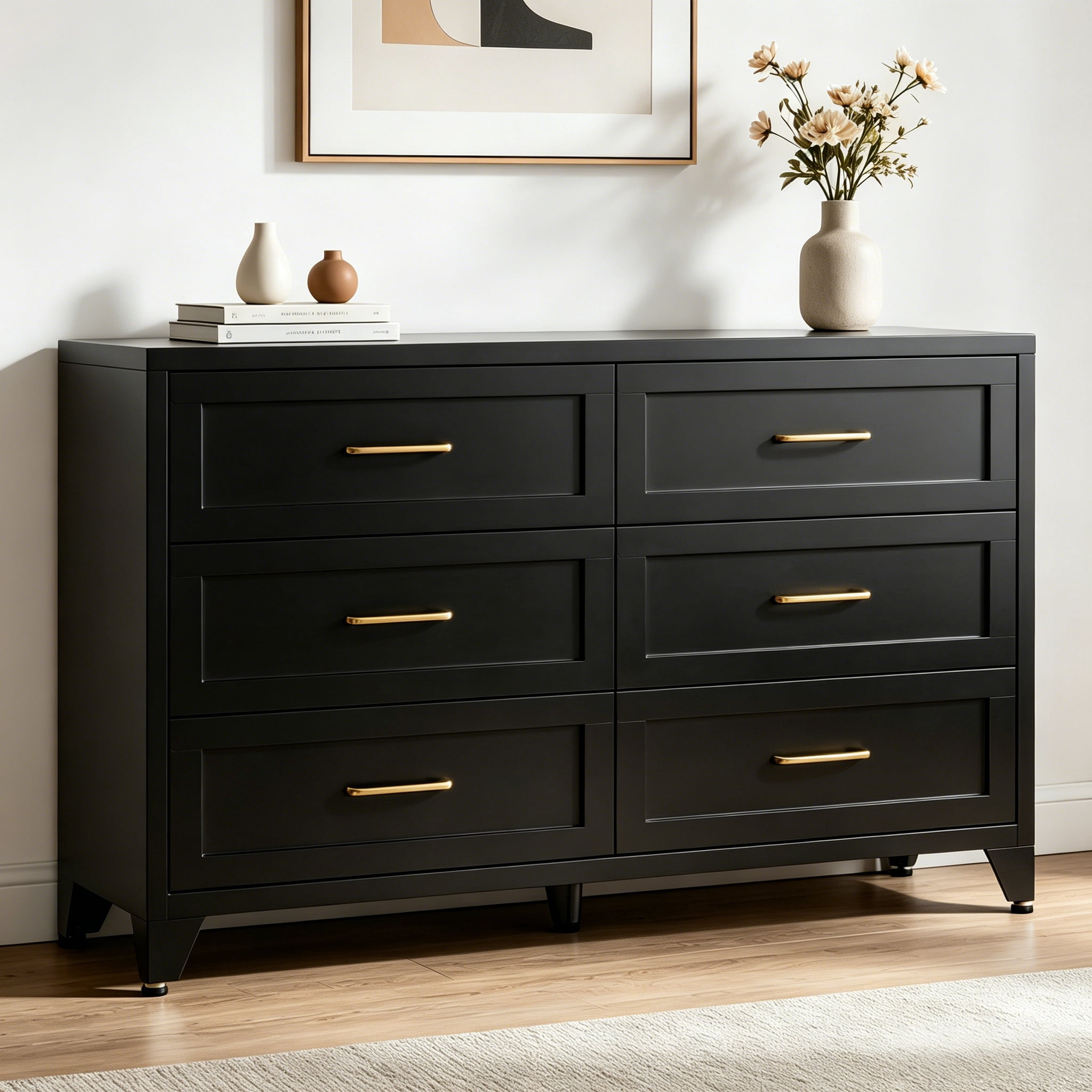 ShiKeyi 6 Drawer Dresser for Bedroom, Modern Metal Wide Storage Chest with Metal Handles and Legs, Black