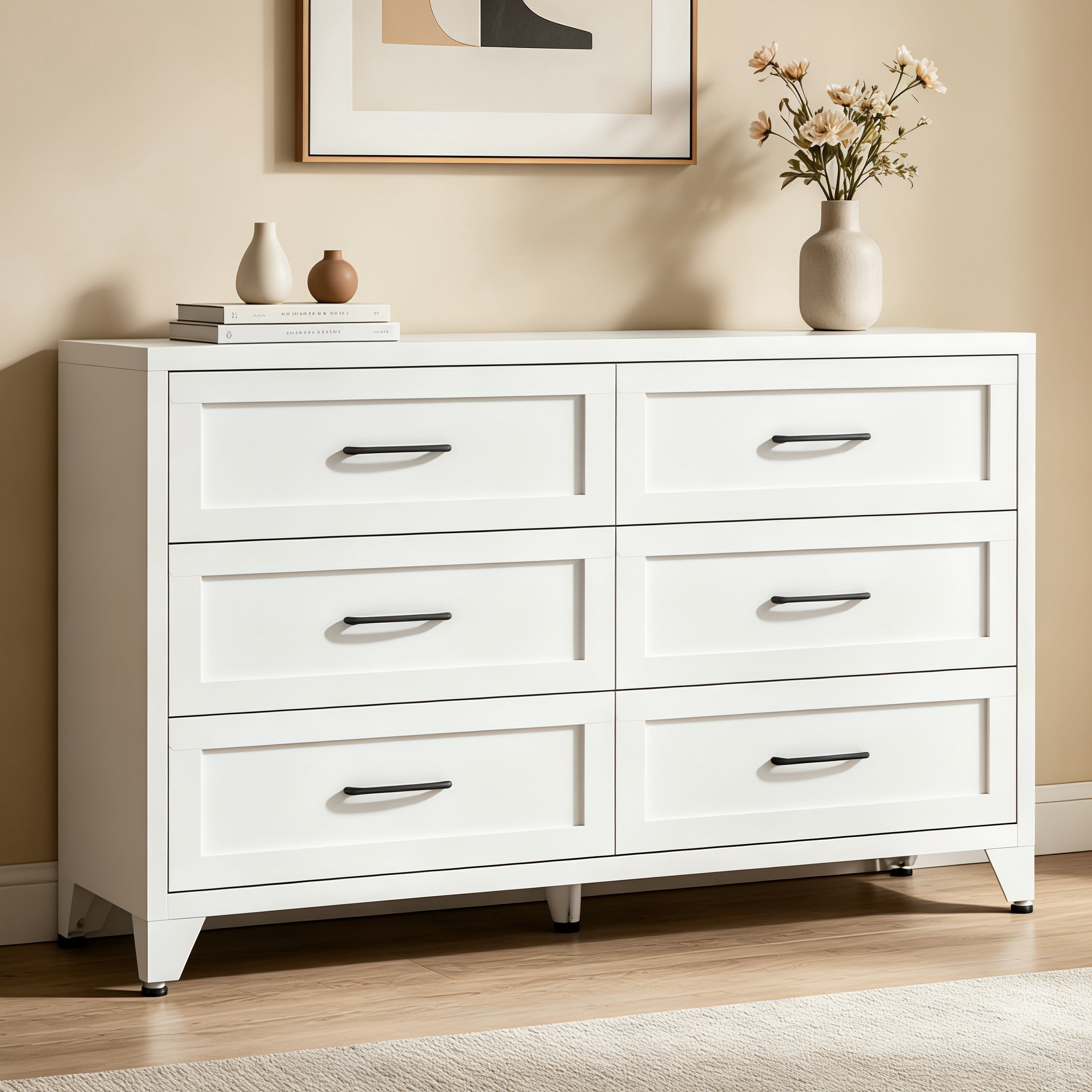 ShiKeyi 6 Drawer Dresser for Bedroom, Modern Metal Wide Storage Chest with Metal Handles and Legs, White