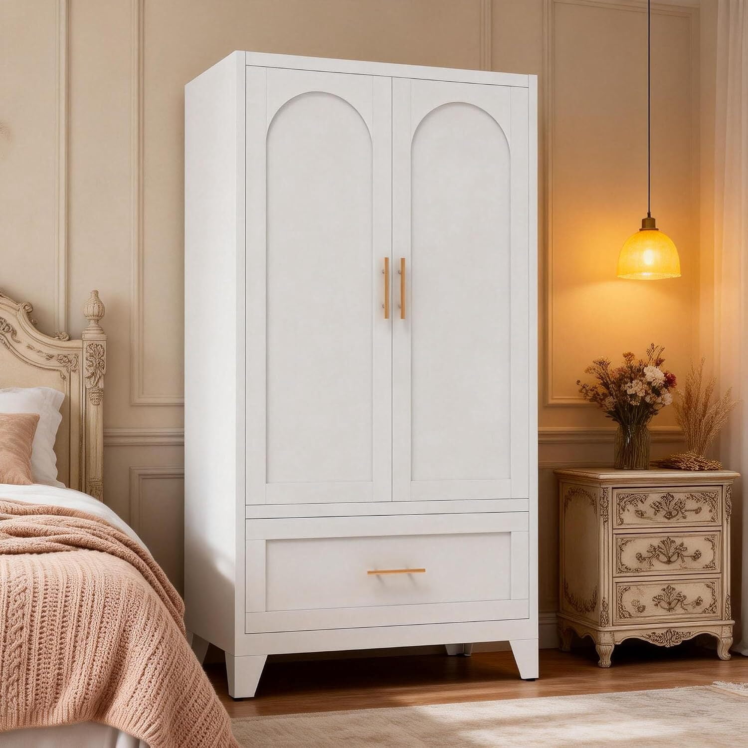 ShiKeyi 60" Tall Metal Wardrobe Cabinet with 1 Drawer and Hanging Rod, 2 Doors Wardrobe Closet with Shelf for Bedroom, Beige