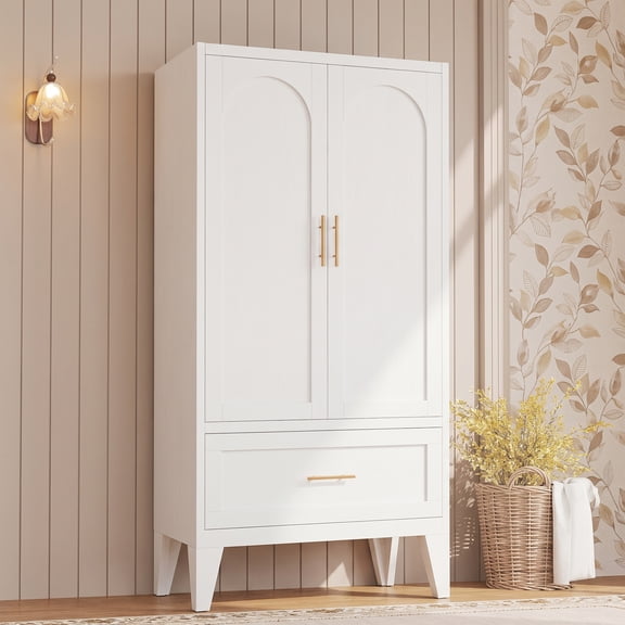 ShiKeyi 60" Tall Metal Wardrobe Cabinet with 1 Drawer and Hanging Rod, 2 Doors Wardrobe Closet with Shelf for Bedroom, Beige