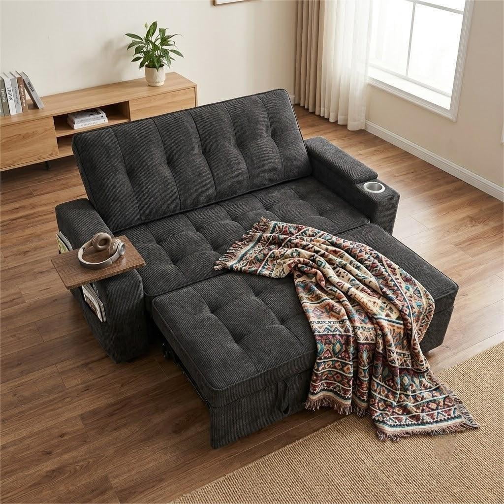 ShiKeyi 65" 3-in-1 Convertible Sofa Bed, Pull Out Loveseat with Chenille Fabric/Hidden storage space/Cup holder, Sleeper Sofa Bed for Living Room, Black
