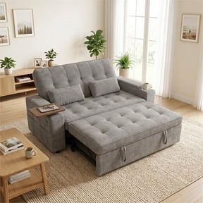 ShiKeyi 65" 3-in-1 Convertible Sofa Bed, Pull Out Loveseat with Chenille Fabric/Hidden storage space/Cup holder, Sleeper Sofa Bed for Living Room, Gray