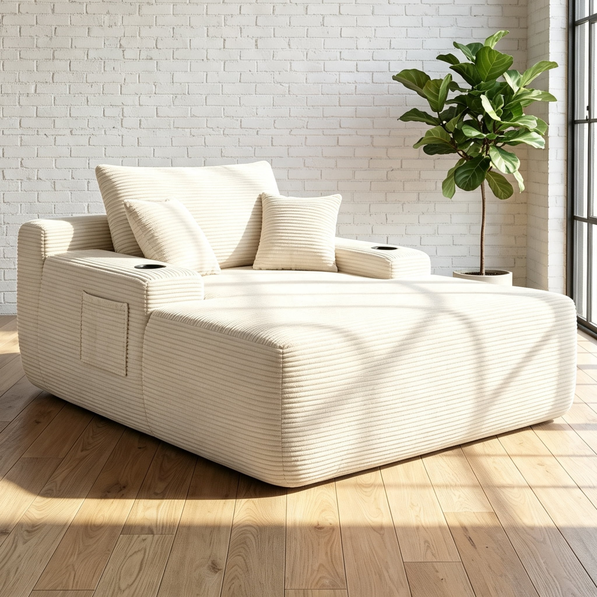 ShiKeyi 65'' Chaise Lounge Chair Indoor, Boneless Sofa Cloud, Plush Corduroy Chaise Couch with Cup Holders, Side Storage Pocket & Pillows, No Assembly Required, Beige
