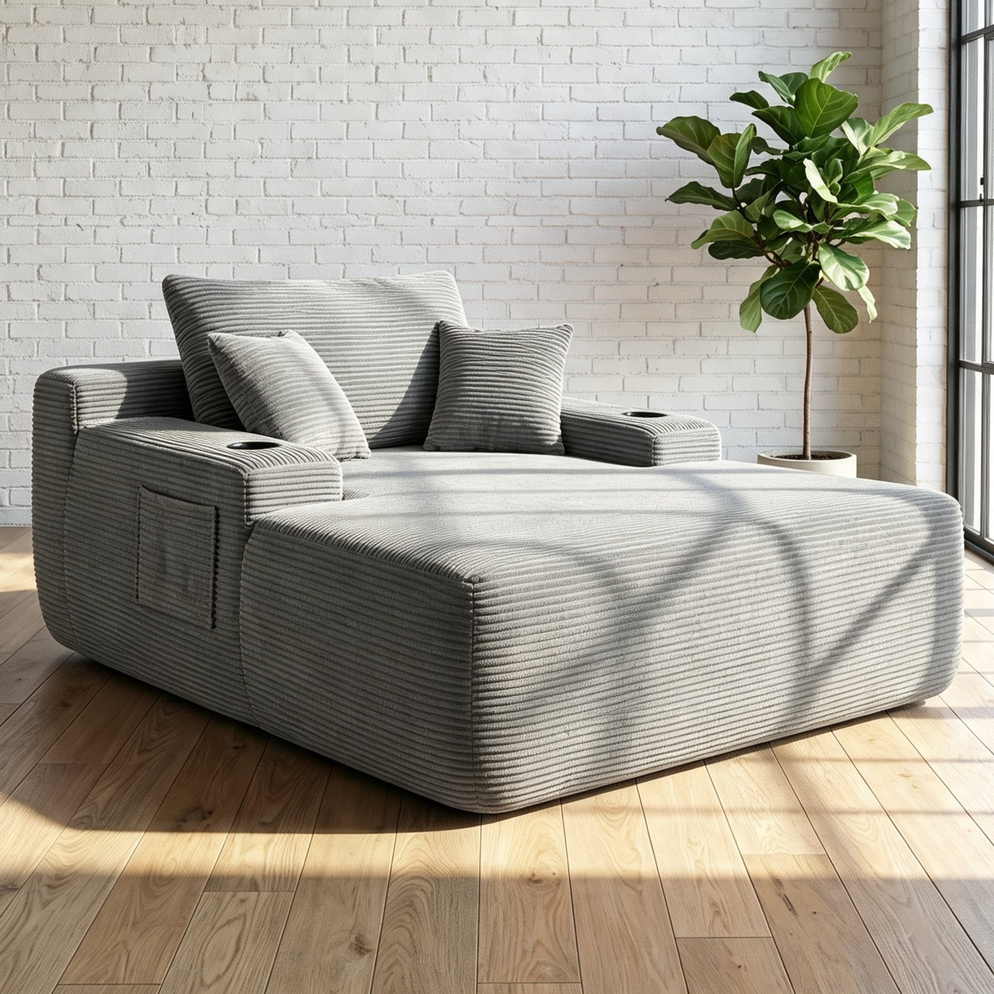 ShiKeyi 65'' Chaise Lounge Chair Indoor, Boneless Sofa Cloud, Plush Corduroy Chaise Couch with Cup Holders, Side Storage Pocket & Pillows, No Assembly Required, Gray