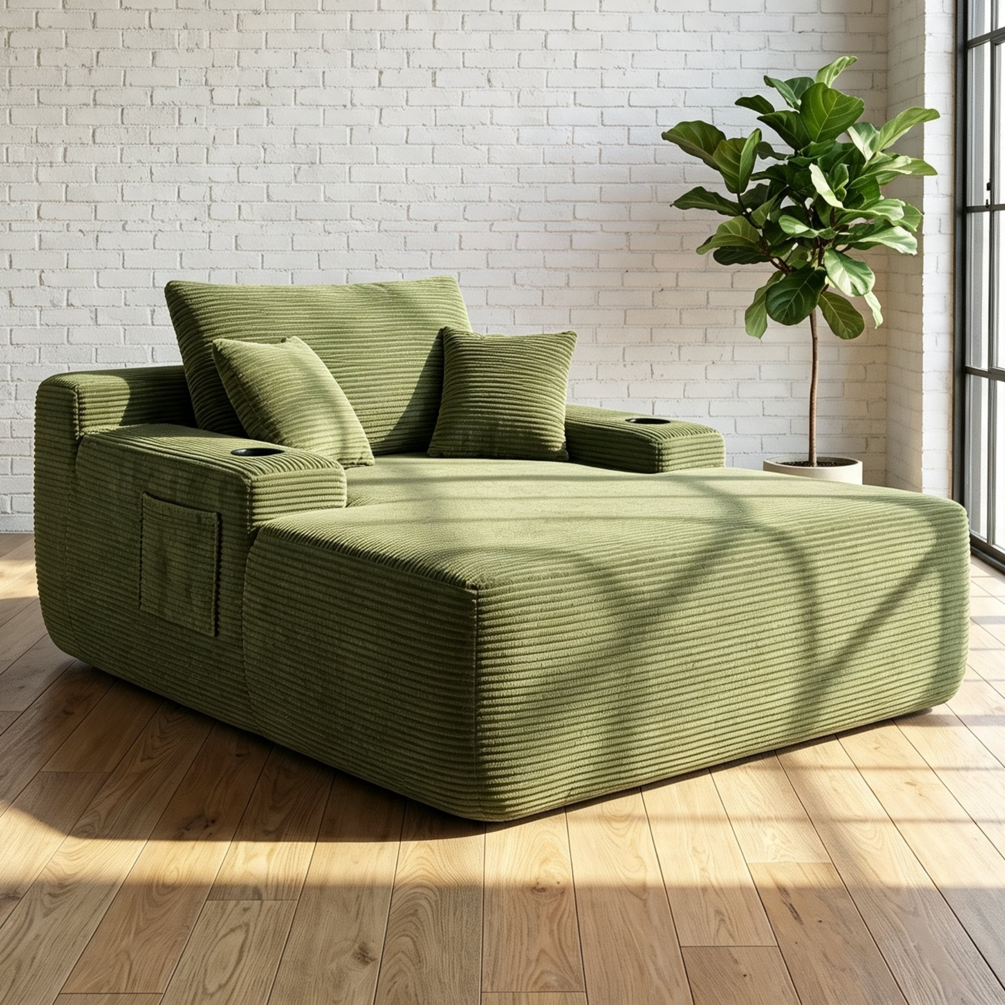 ShiKeyi 65'' Chaise Lounge Chair Indoor, Boneless Sofa Cloud, Plush Corduroy Chaise Couch with Cup Holders, Side Storage Pocket & Pillows, No Assembly Required, Green