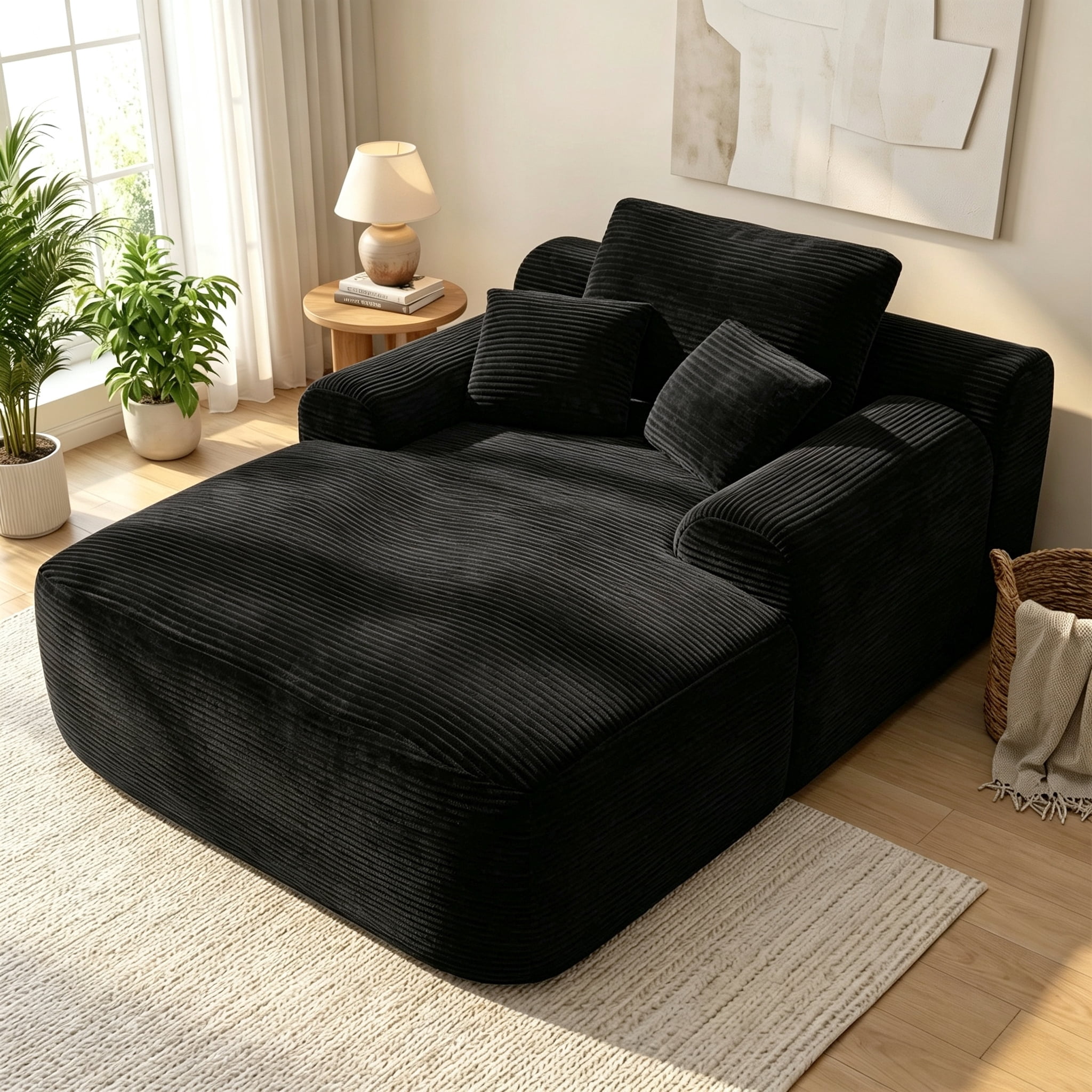 ShiKeyi 65'' Oversized Chaise Lounge Chair Indoor, Boneless Sofa Cloud Deep Seat Sleeper Sofa Bed, Plush Corduroy Chaise Couch with Pillows, No Assembly Required, Black