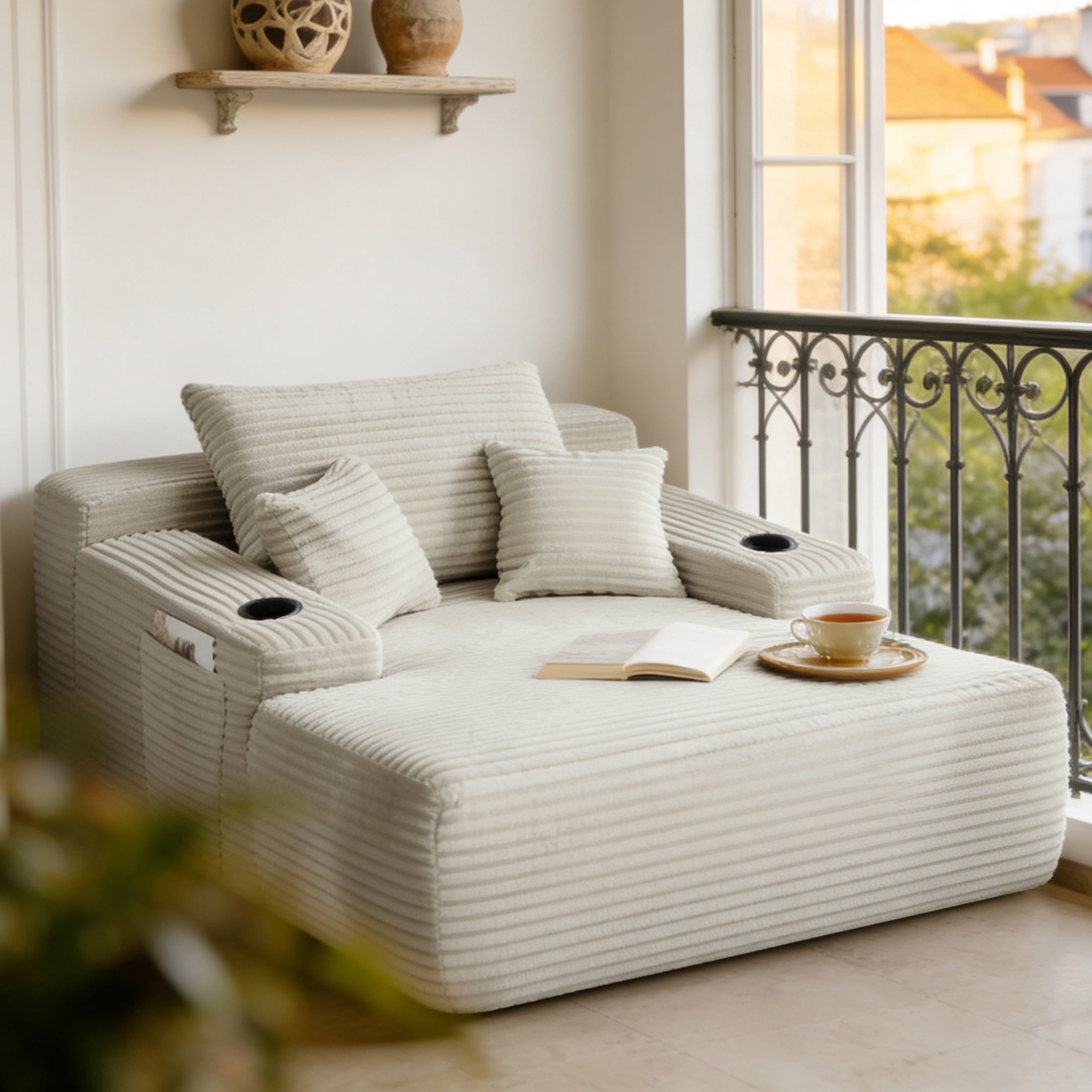 ShiKeyi 65'' Oversized Chaise Lounge Chair Indoor, Boneless Sofa Cloud, Plush Corduroy Chaise Couch with Cup Holders, Side Storage Pocket & Pillows, No Assembly Required, Beige