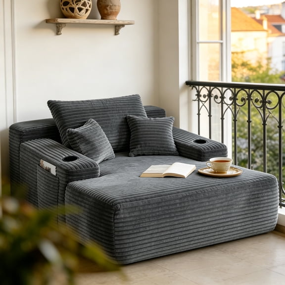 ShiKeyi 65'' Oversized Chaise Lounge Chair Indoor, Boneless Sofa Cloud, Plush Corduroy Chaise Couch with Cup Holders, Side Storage Pocket & Pillows, No Assembly Required, Gray