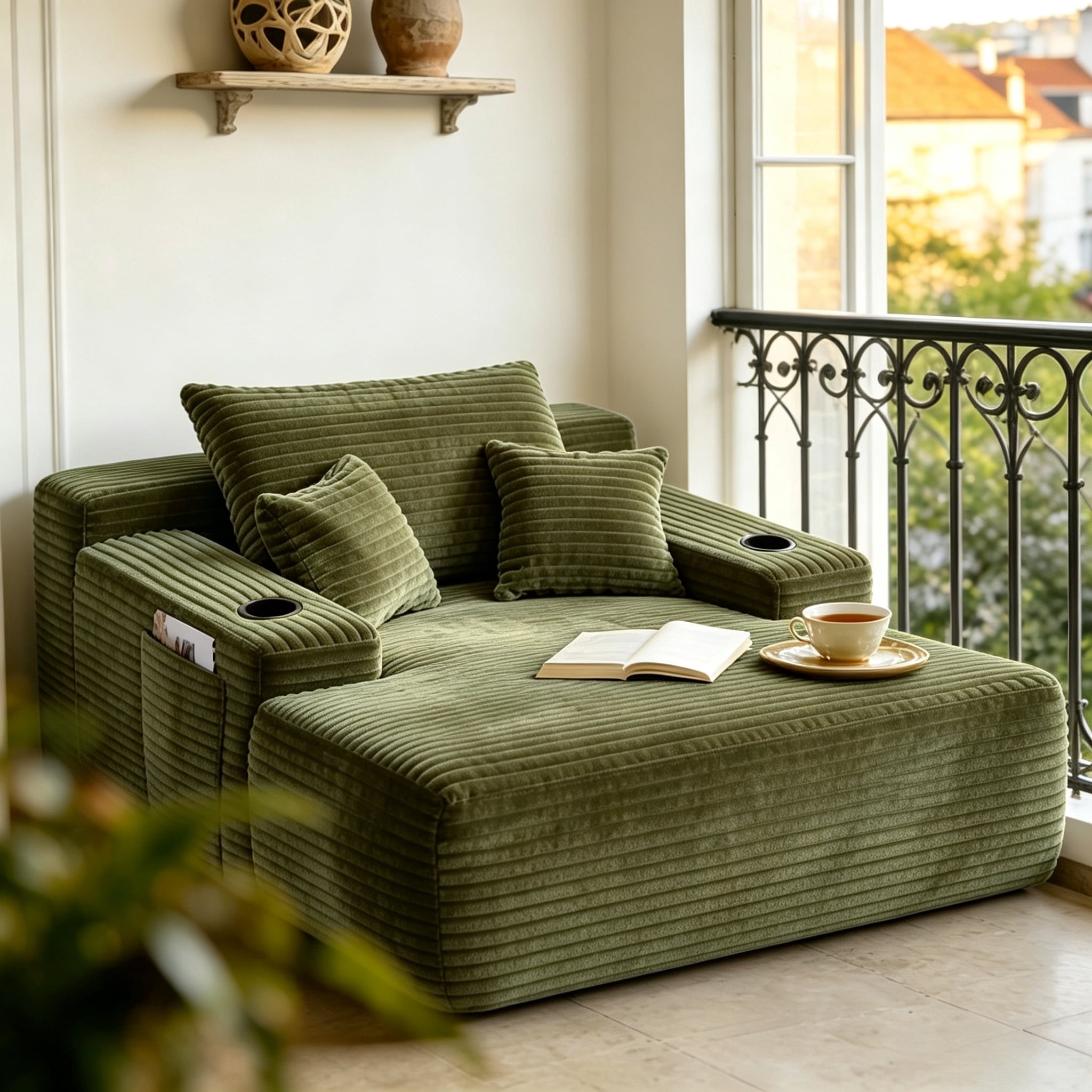 ShiKeyi 65'' Oversized Chaise Lounge Chair Indoor, Boneless Sofa Cloud, Plush Corduroy Chaise Couch with Cup Holders, Side Storage Pocket & Pillows, No Assembly Required, Green