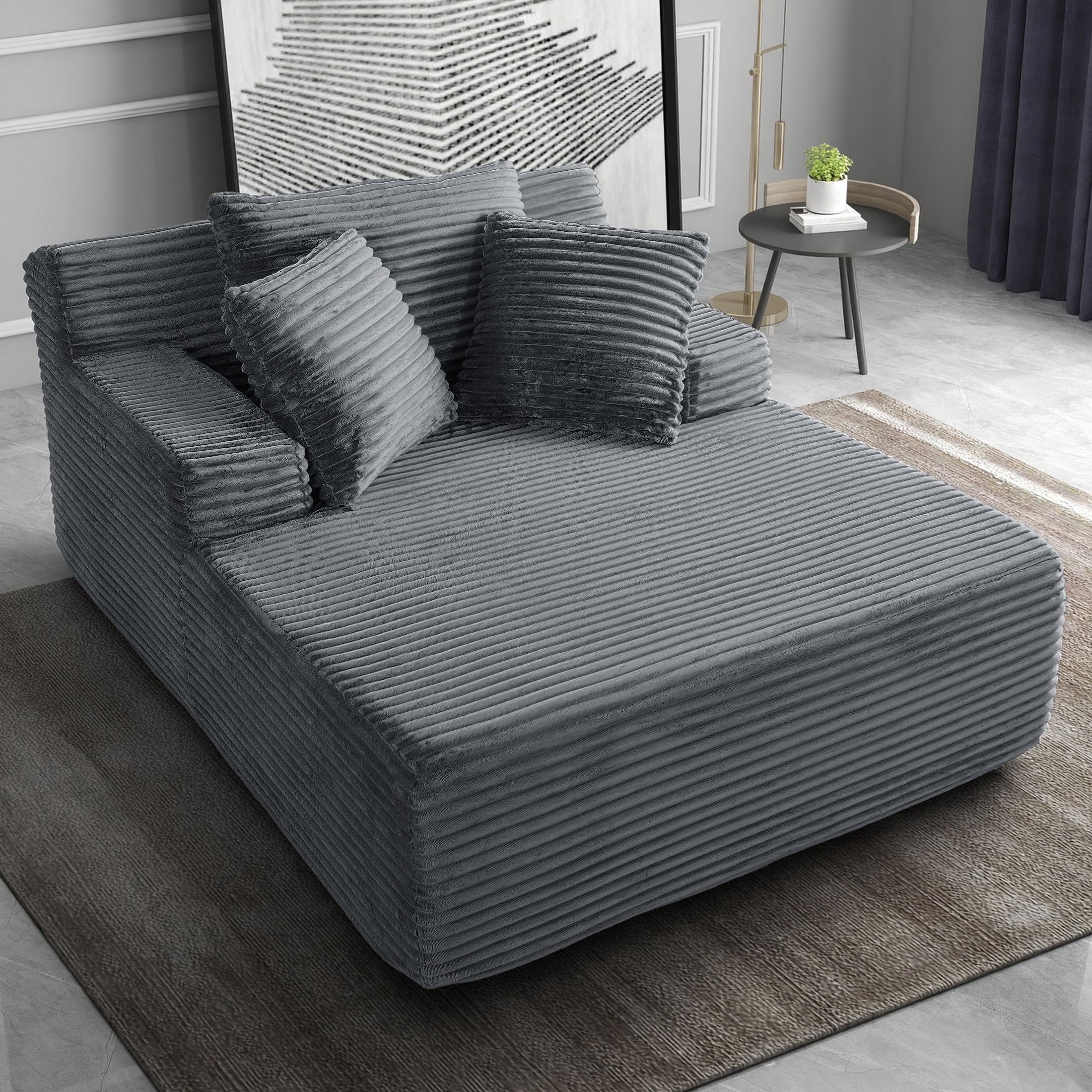 ShiKeyi 66'' Chaise Lounge Chair Indoor, No Assembly Required Cloud Floor Sofa Bed, Deep Seat Boneless Plush Corduroy Upholstered Couch with Pillows, Gray