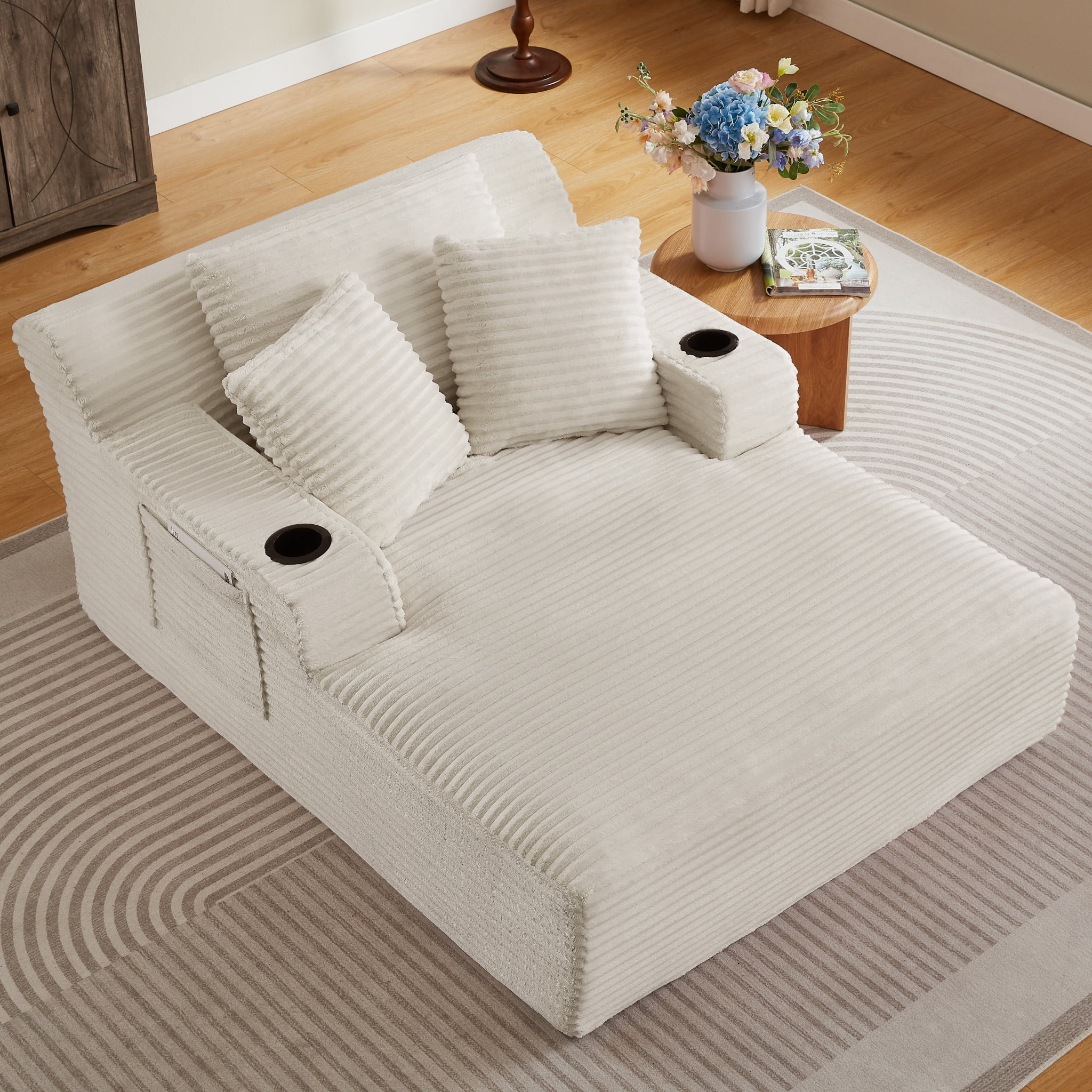 ShiKeyi 66'' Chaise Lounge Chair Indoor, Boneless Sofa Cloud, Plush Corduroy Chaise Couch with Cup Holders, Side Storage Pocket & Pillows, No Assembly Required, Beige