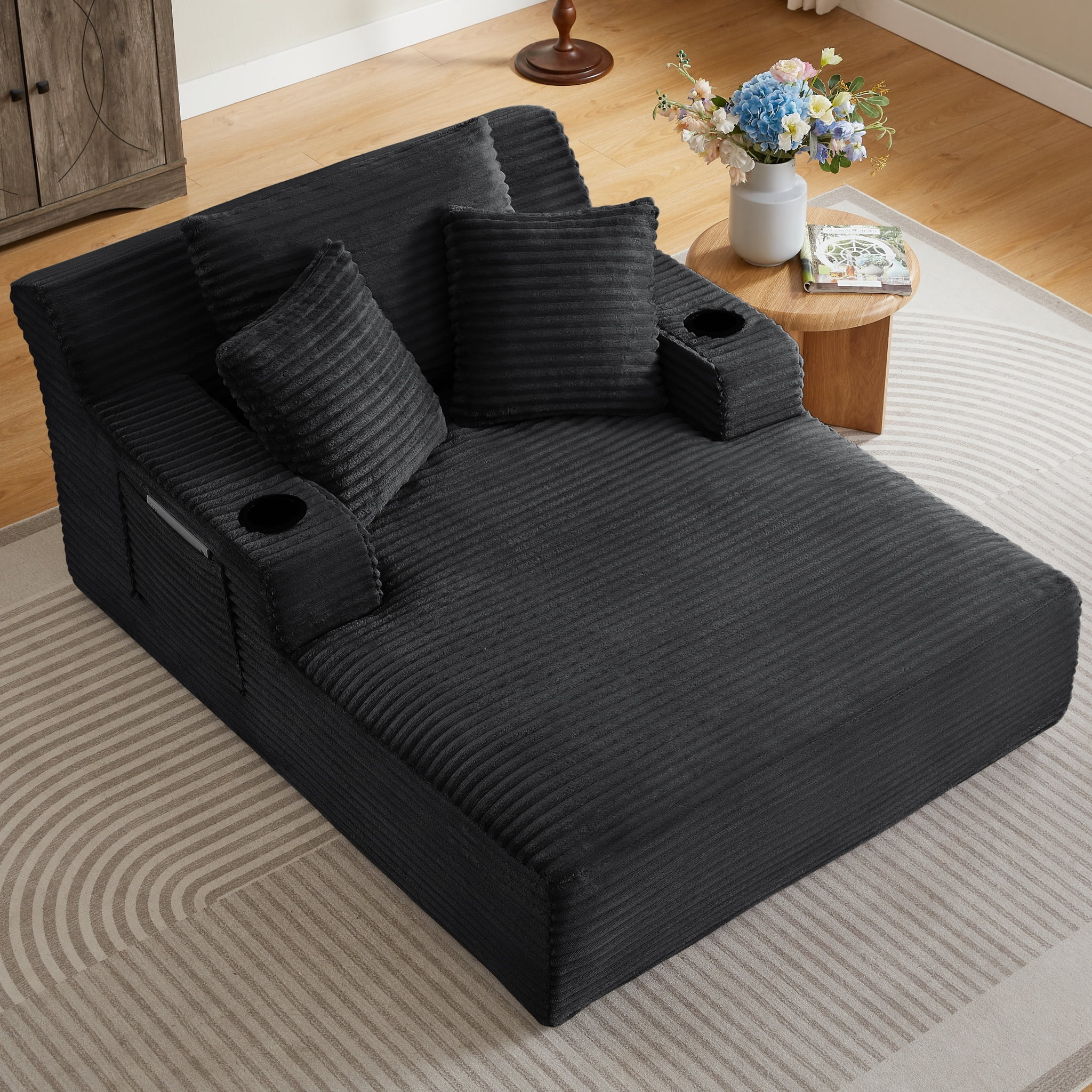 ShiKeyi 66'' Chaise Lounge Chair Indoor, Boneless Sofa Cloud, Plush Corduroy Chaise Couch with Cup Holders, Side Storage Pocket & Pillows, No Assembly Required, Black