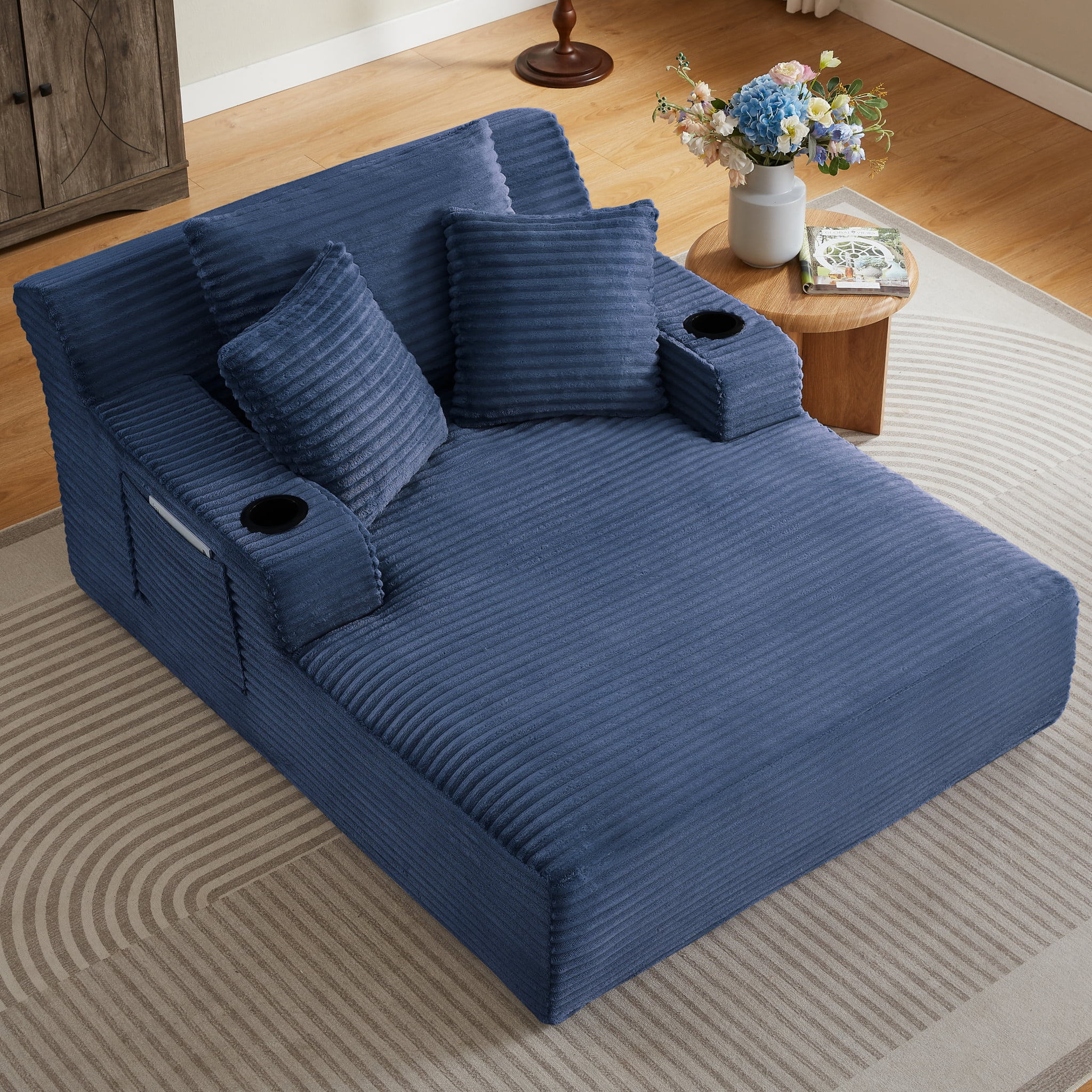 ShiKeyi 66'' Chaise Lounge Chair Indoor, Boneless Sofa Cloud, Plush Corduroy Chaise Couch with Cup Holders, Side Storage Pocket & Pillows, No Assembly Required, Blue