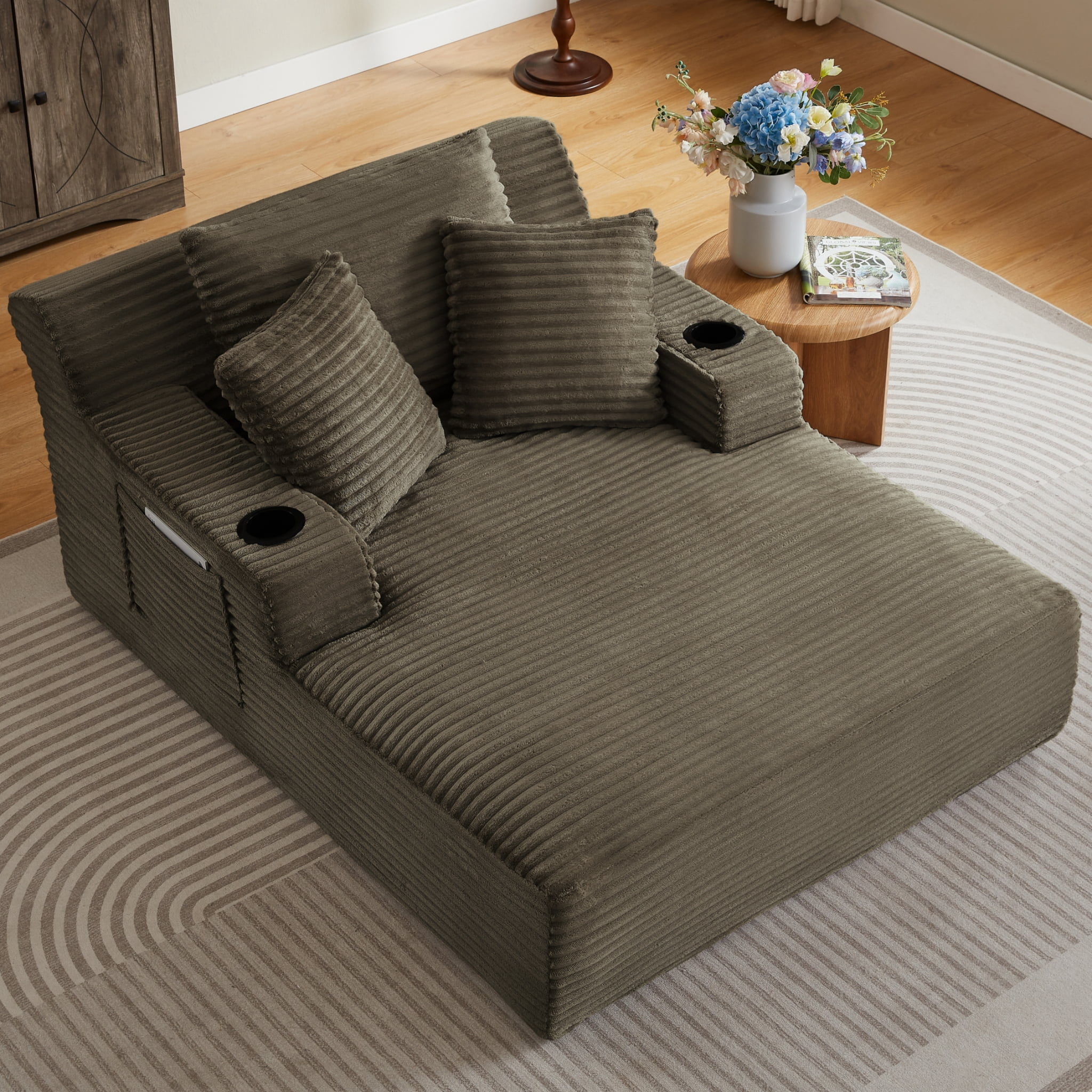 ShiKeyi 66'' Chaise Lounge Chair Indoor, Boneless Sofa Cloud, Plush Corduroy Chaise Couch with Cup Holders, Side Storage Pocket & Pillows, No Assembly Required, Brown