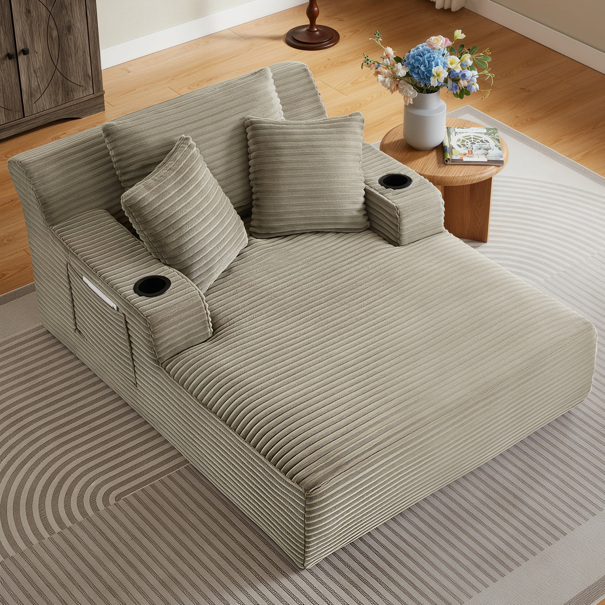 ShiKeyi 66'' Chaise Lounge Chair Indoor, Boneless Sofa Cloud, Plush Corduroy Chaise Couch with Cup Holders, Side Storage Pocket & Pillows, No Assembly Required, Camel