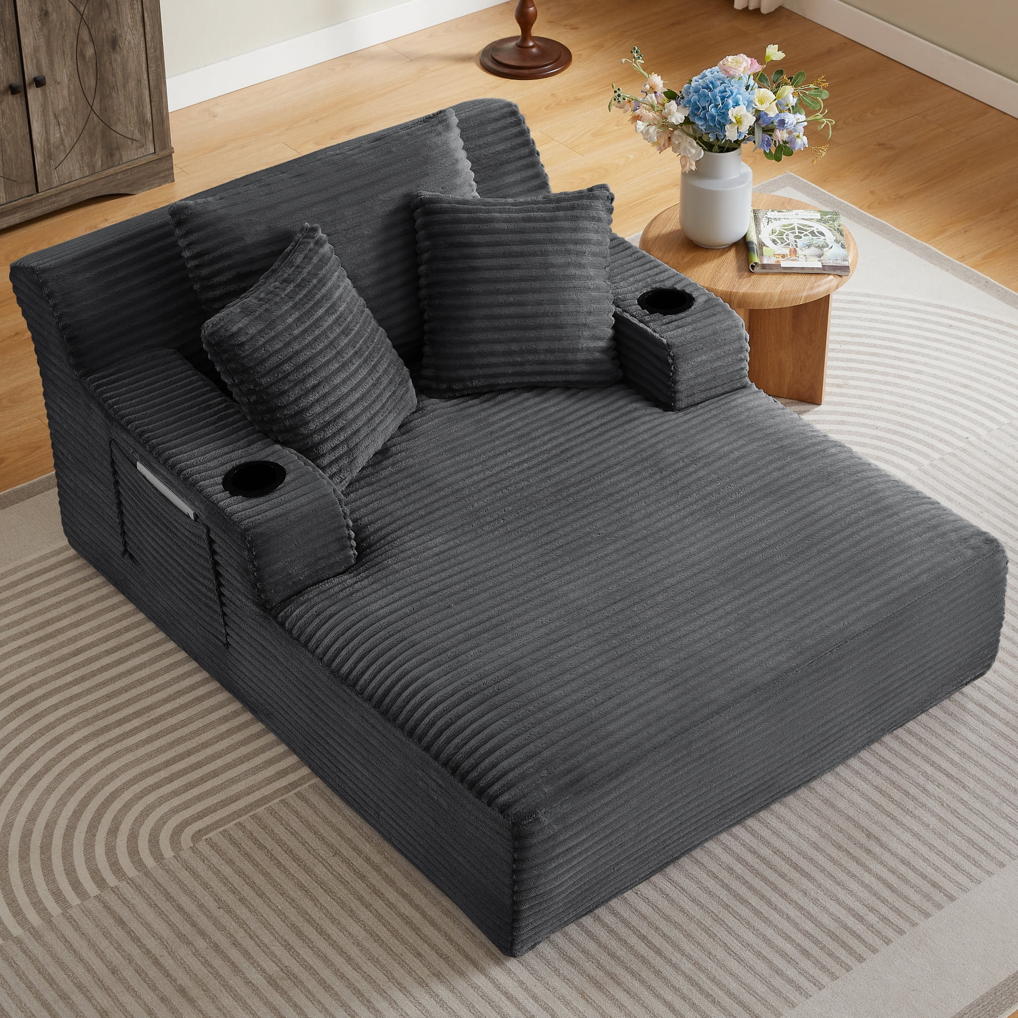 ShiKeyi 66'' Chaise Lounge Chair Indoor, Boneless Sofa Cloud, Plush Corduroy Chaise Couch with Cup Holders, Side Storage Pocket & Pillows, No Assembly Required, Dark Gray