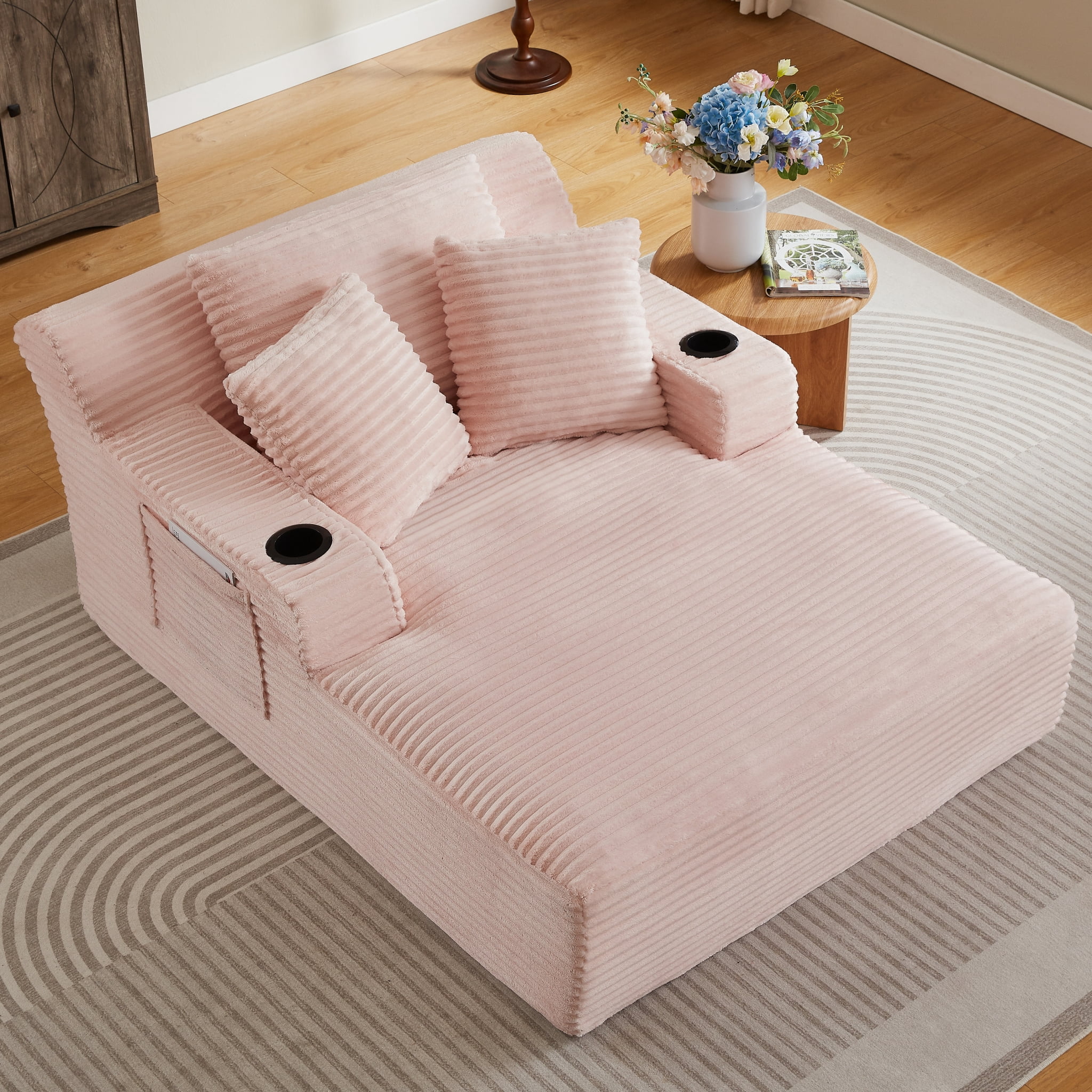 ShiKeyi 66'' Chaise Lounge Chair Indoor, Boneless Sofa Cloud, Plush Corduroy Chaise Couch with Cup Holders, Side Storage Pocket & Pillows, No Assembly Required, Pink