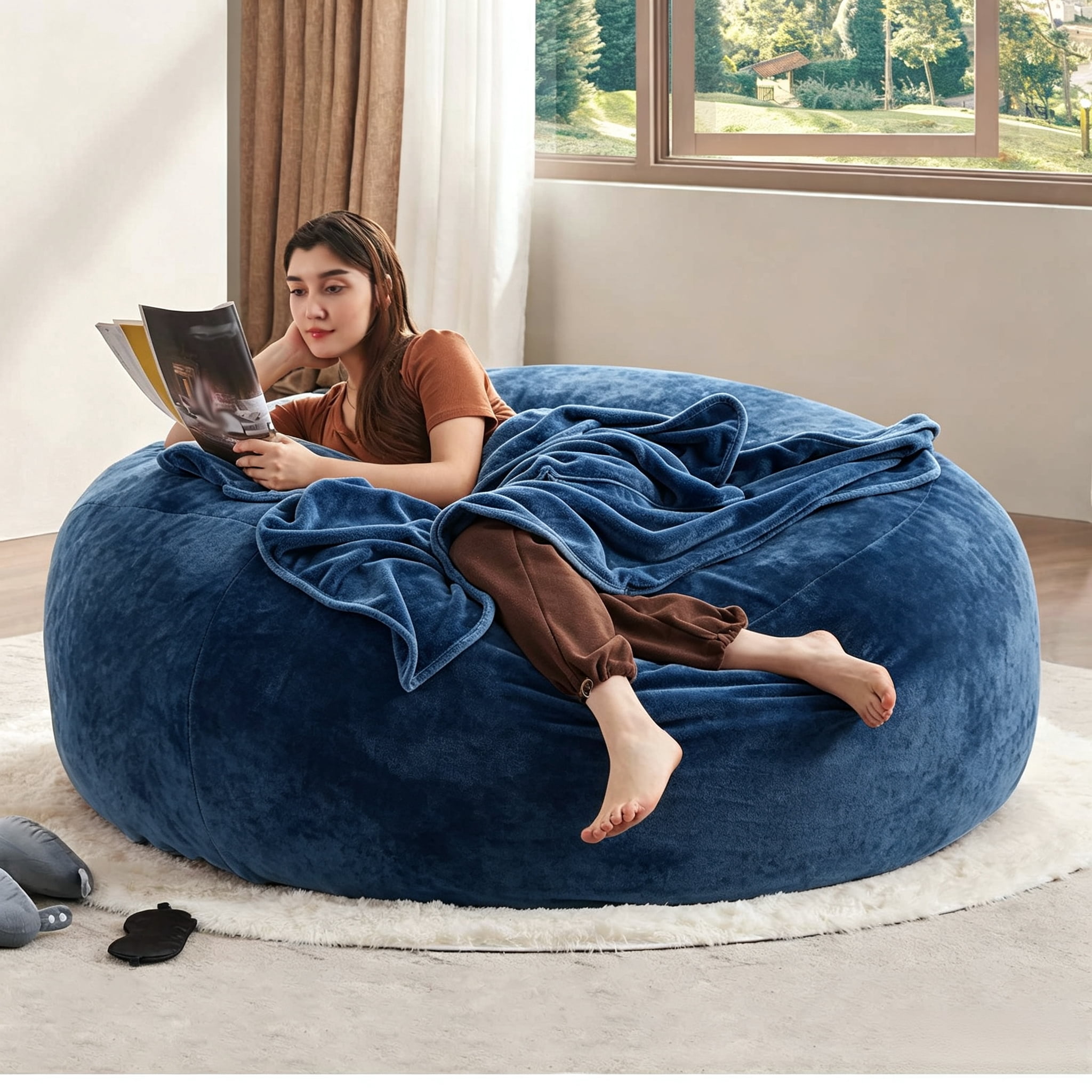 ShiKeyi 6FT Bean Bag Chairs for Adults & Teens, Memory Foam Filler Round Sofa Lounge Chair with Removable Washable Flannel Cover for Bedroom Dorm, Blue