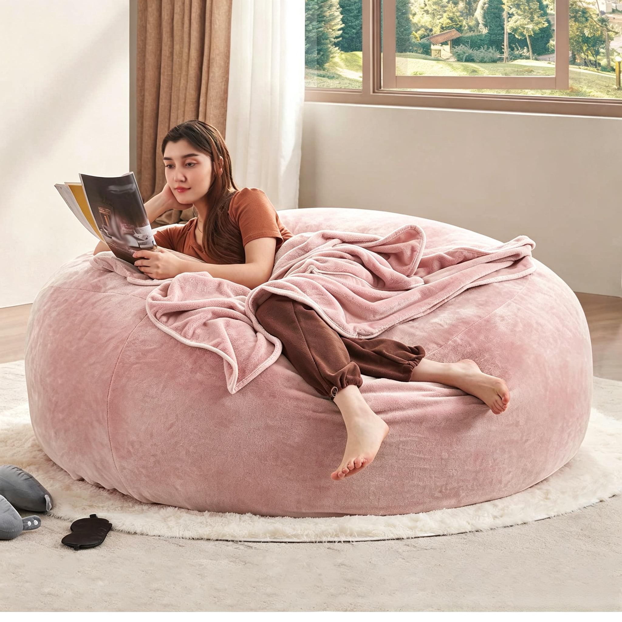 ShiKeyi 6FT Bean Bag Chairs for Adults & Teens, Memory Foam Filler Round Sofa Lounge Chair with Removable Washable Flannel Cover for Bedroom Dorm, Pink