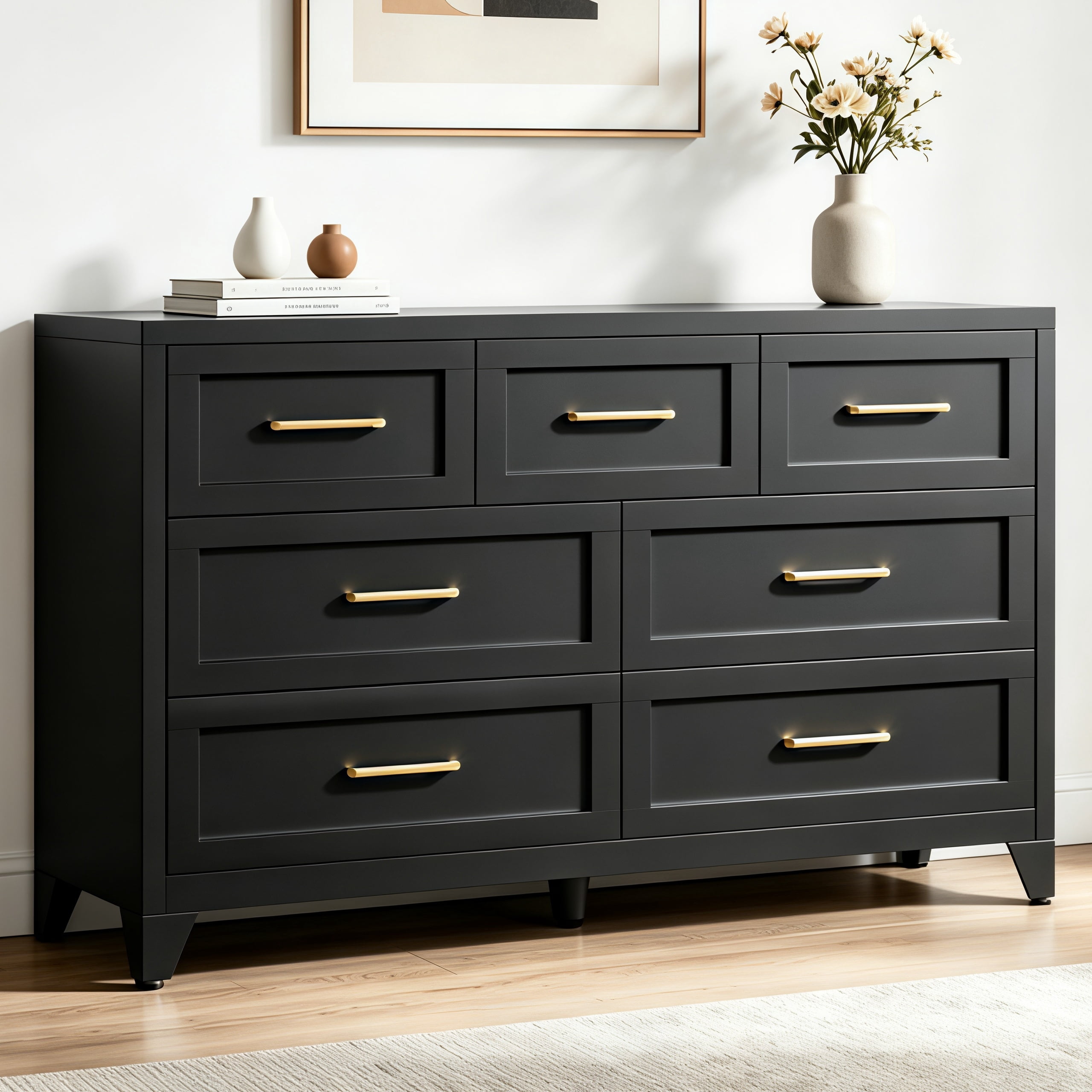 ShiKeyi 7 Drawer Dresser for Bedroom, Modern Metal Wide Storage Chest with Metal Handles and Legs, Black