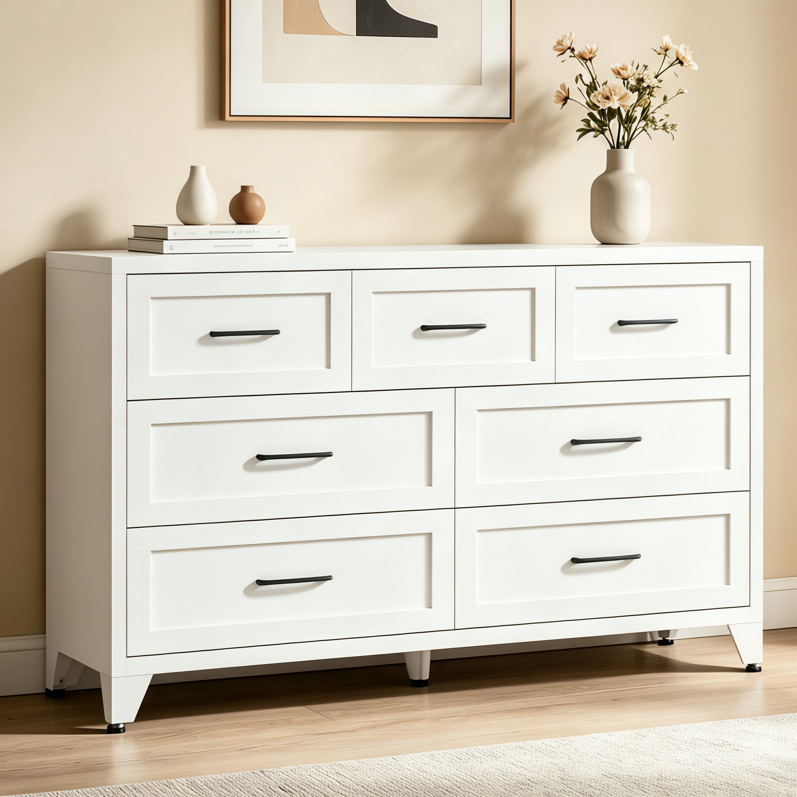 ShiKeyi 7 Drawer Dresser for Bedroom, Modern Metal Wide Storage Chest with Metal Handles and Legs, White