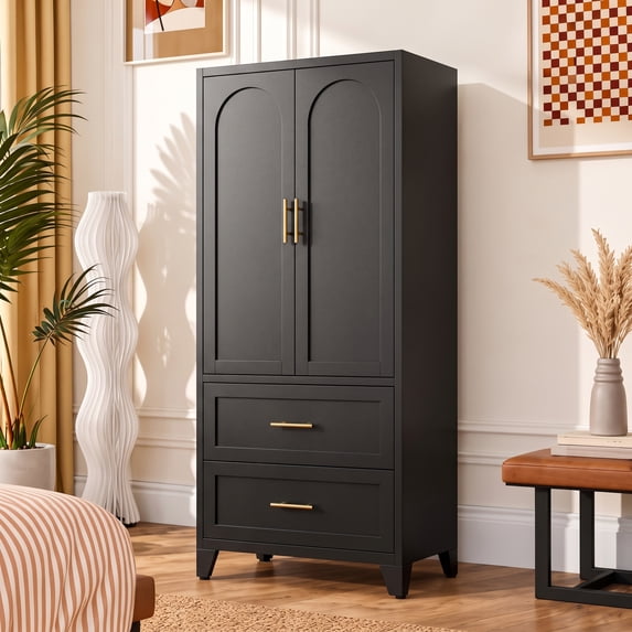 ShiKeyi 70" Tall Metal Wardrobe Cabinet with 1 Drawer and Hanging Rod, 2 Doors Wardrobe Closet with Shelf for Bedroom, Black