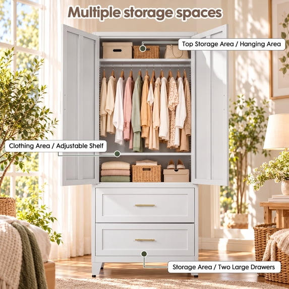 ShiKeyi 70" Tall Metal Wardrobe Cabinet with 1 Drawer and Hanging Rod, 2 Doors Wardrobe Closet with Shelf for Bedroom, White