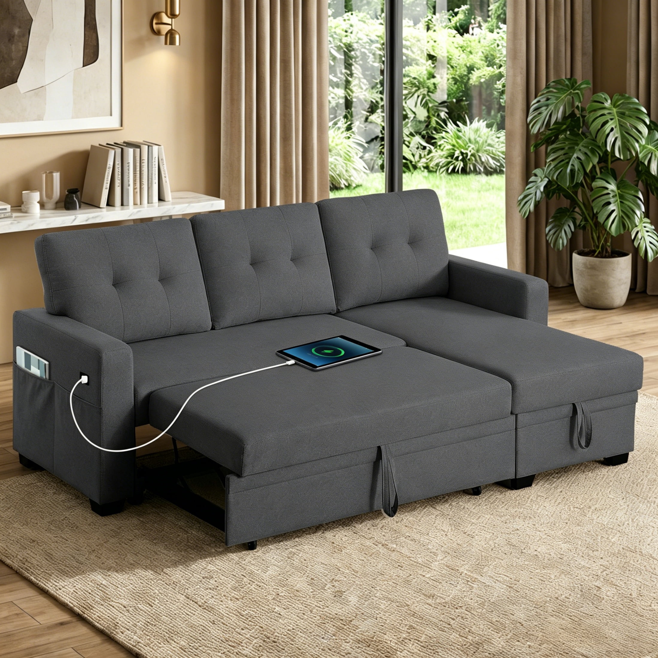 ShiKeyi 82" L Shaped Sleeper Sofa Bed, Sectional Sleeper Couch with Pull Out Bed, 3 Seat Convertible Sofa Bed with Storage Chaise, USB Charging Ports for Living Room, Dark Grey Linen Fabric