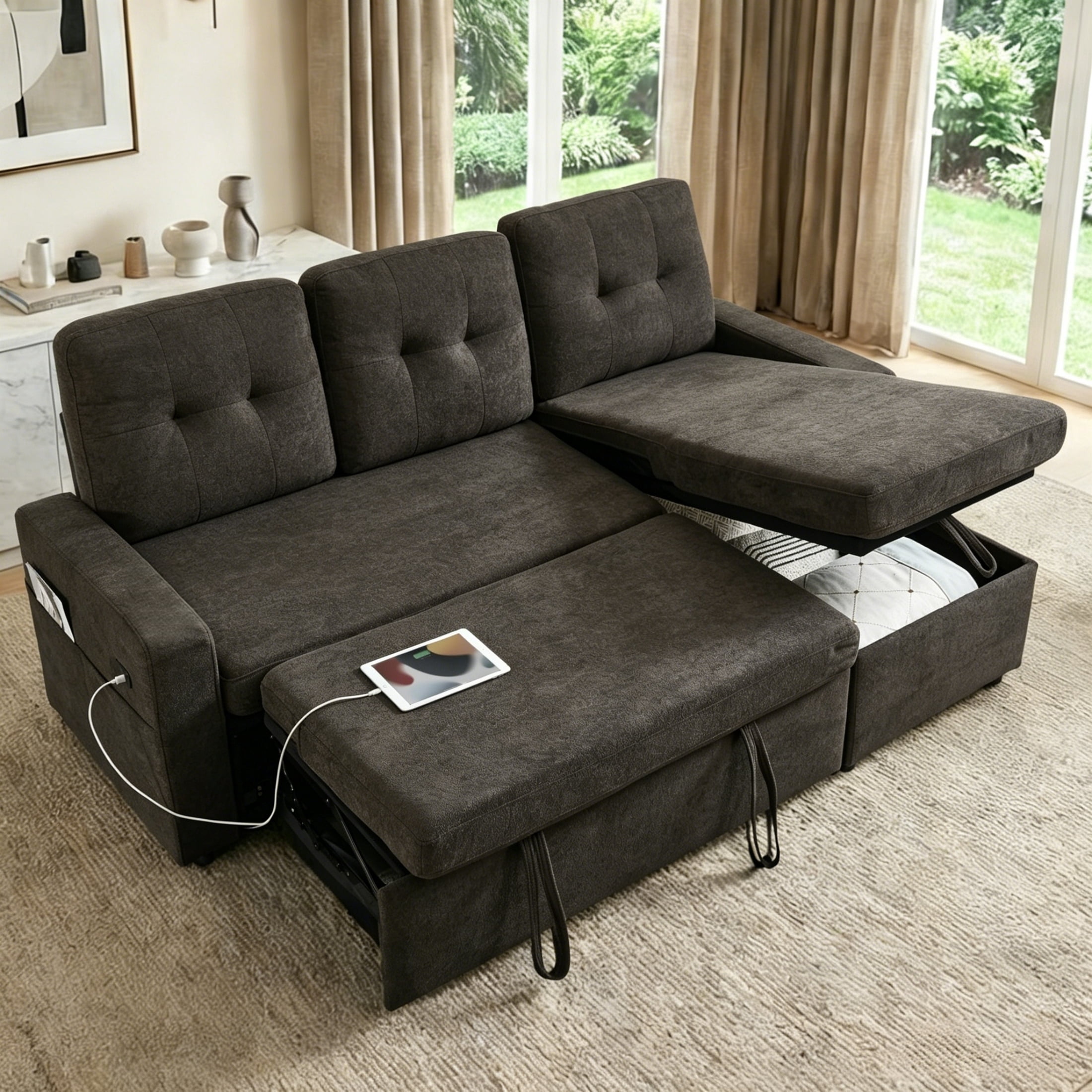 ShiKeyi 82" L Shaped Sleeper Sofa Bed, Sectional Sleeper Couch with Pull Out Bed, 3 Seat Convertible Sofa Bed with Storage Chaise, USB Charging Ports for Living Room, Dark Grey Terry Cloth