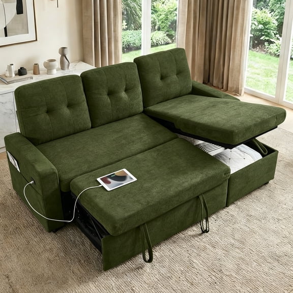 ShiKeyi 82" L Shaped Sleeper Sofa Bed, Sectional Sleeper Couch with Pull Out Bed, 3 Seat Convertible Sofa Bed with Storage Chaise, USB Charging Ports for Living Room, Green Terry Cloth