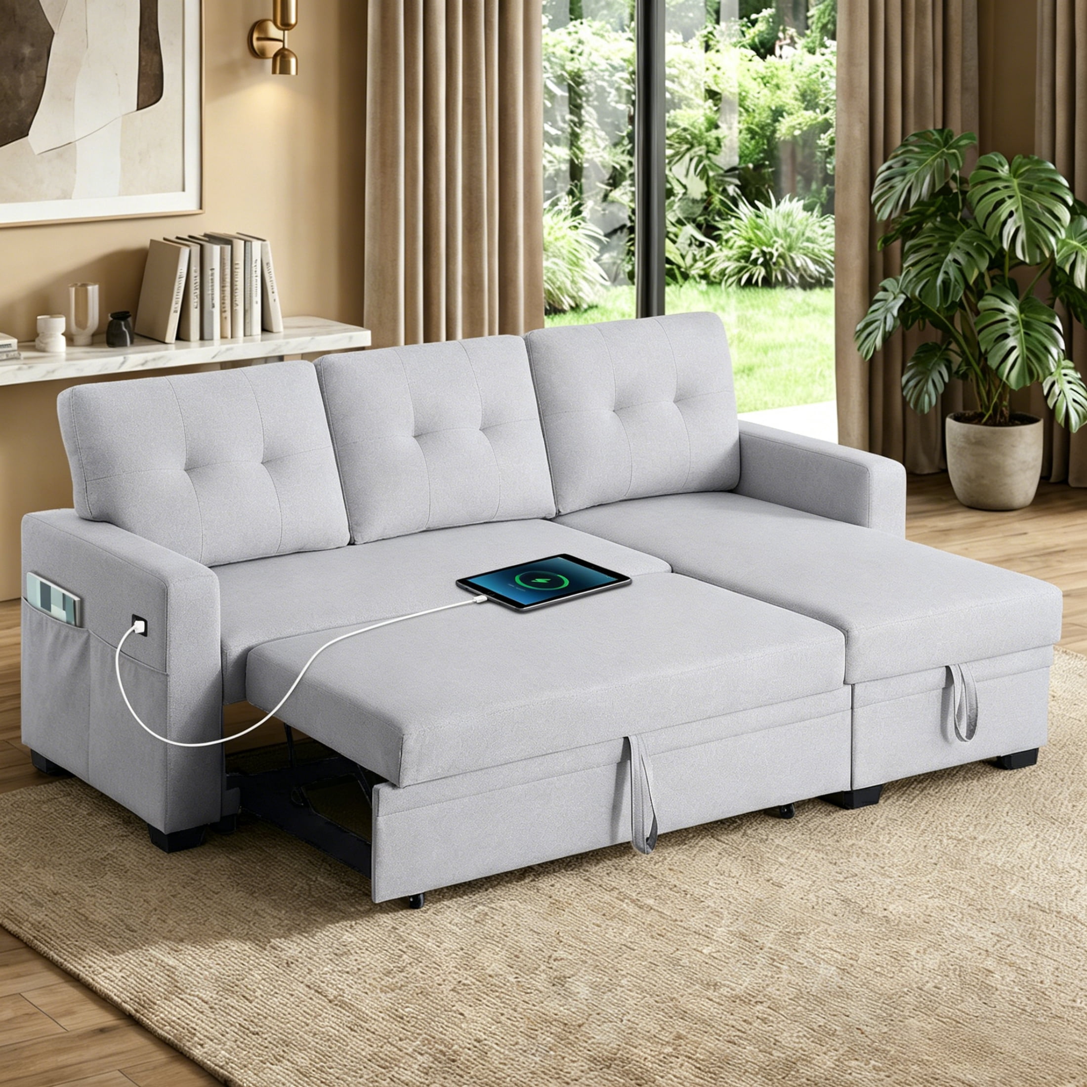 ShiKeyi 82" L Shaped Sleeper Sofa Bed, Sectional Sleeper Couch with Pull Out Bed, 3 Seat Convertible Sofa Bed with Storage Chaise, USB Charging Ports for Living Room, Light Gray Linen Fabric