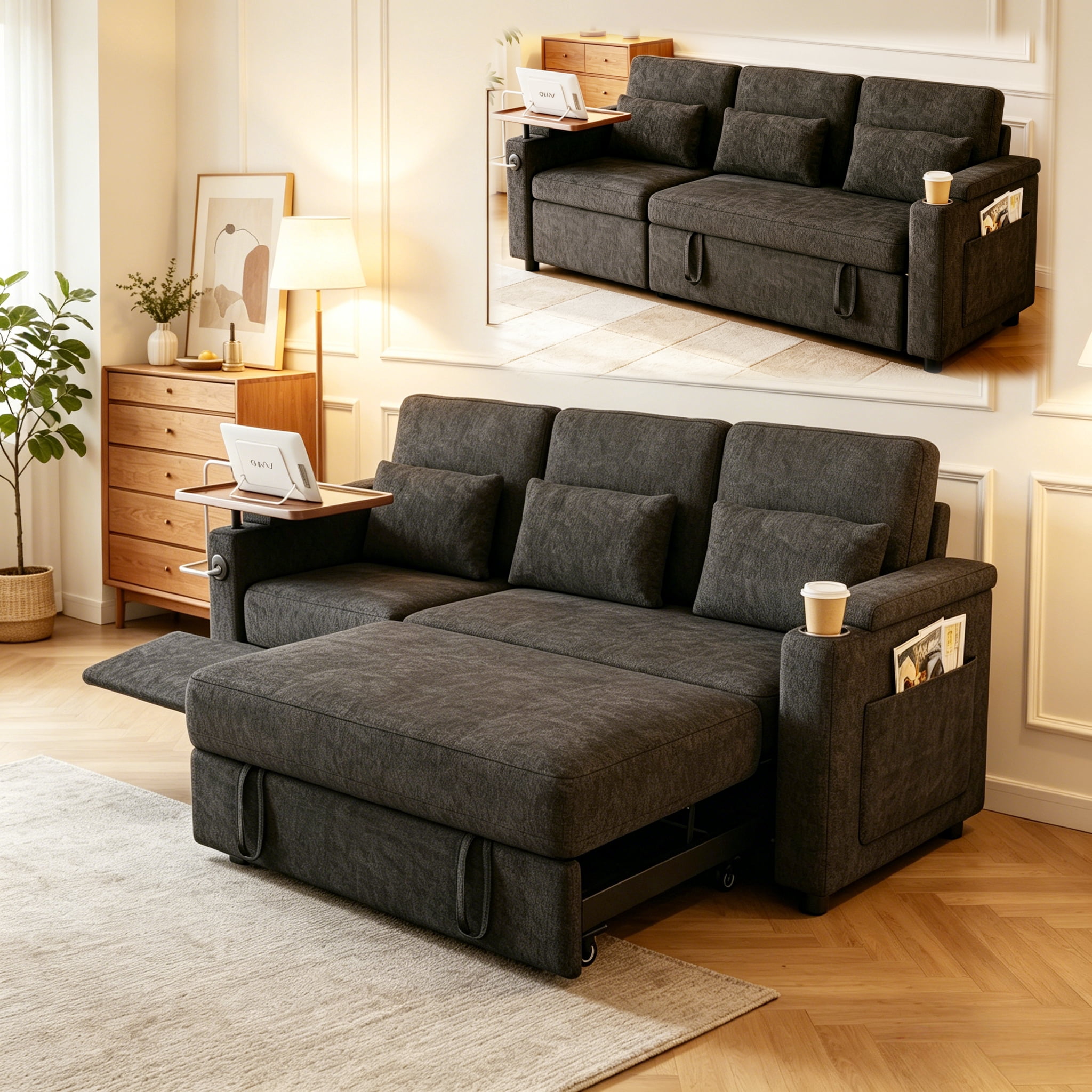 ShiKeyi 83" 3-in-1 Convertible Sofa Bed, Chenille 3 Seater Couch with Sleeper Sofa Function, Adjustable Backrest, USB Ports & Storage Armrests, Dark Gray