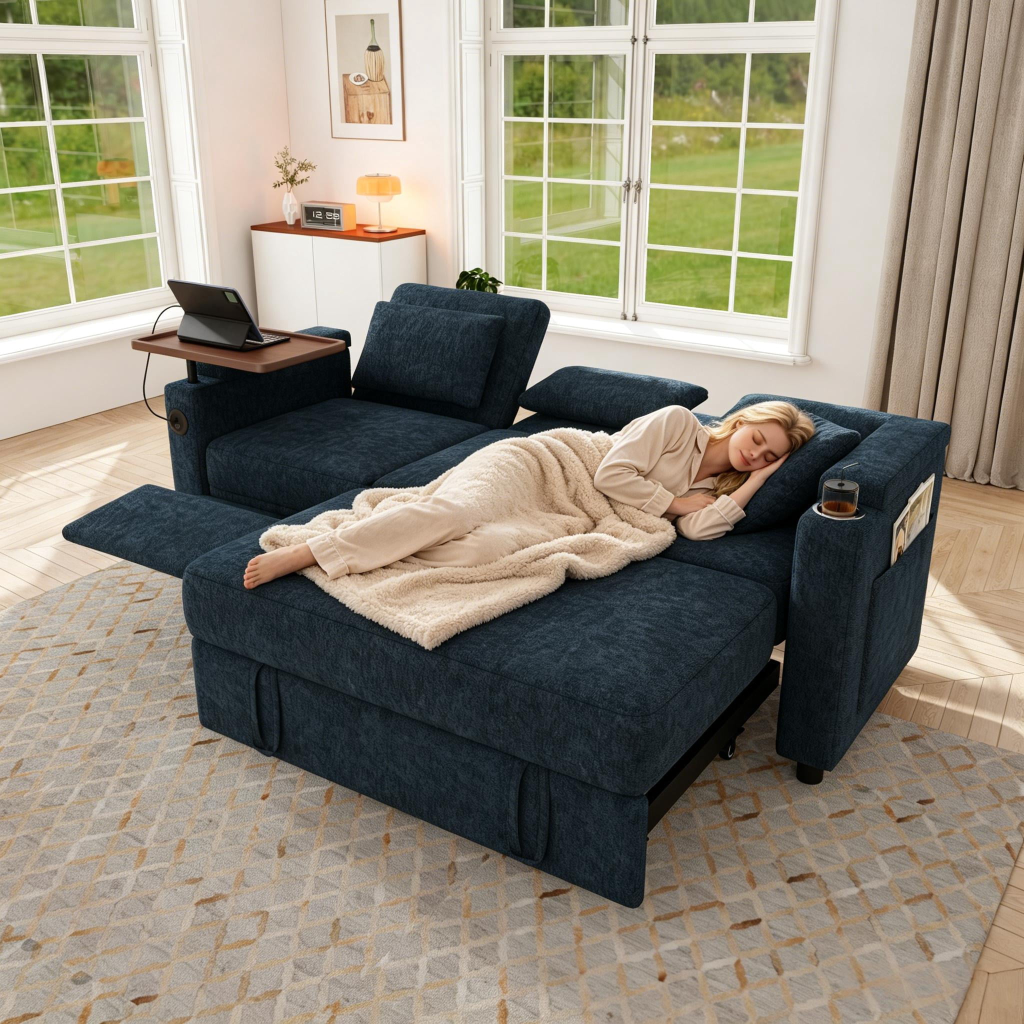 ShiKeyi 83" 3-in-1 Convertible Sofa Bed, Chenille 3 Seater Couch with Adjustable Backrest, USB Ports, Storage Armrests & Fold-Down Table, Blue
