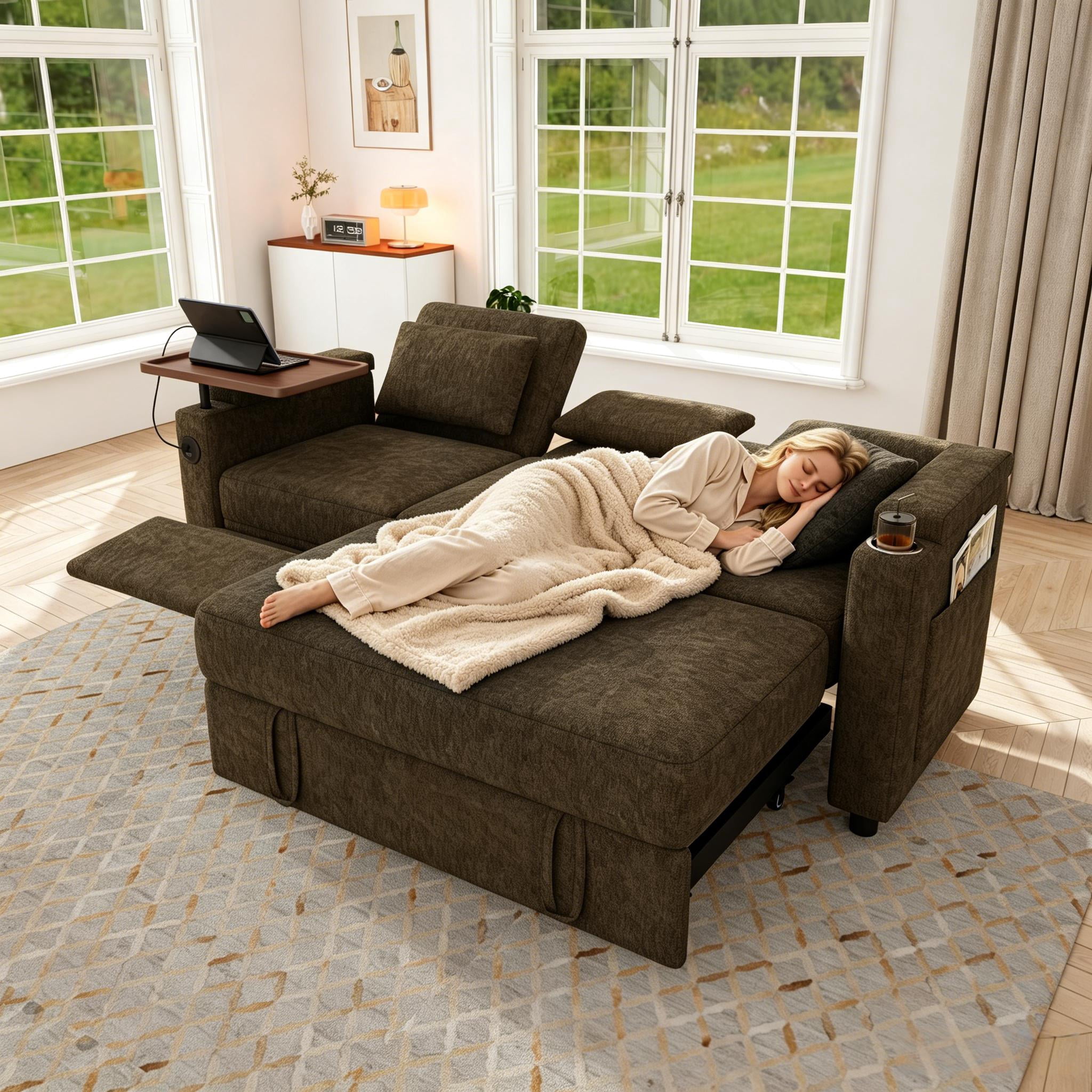 ShiKeyi 83" 3-in-1 Convertible Sofa Bed, Chenille 3 Seater Couch with Adjustable Backrest, USB Ports, Storage Armrests & Fold-Down Table, Khaki