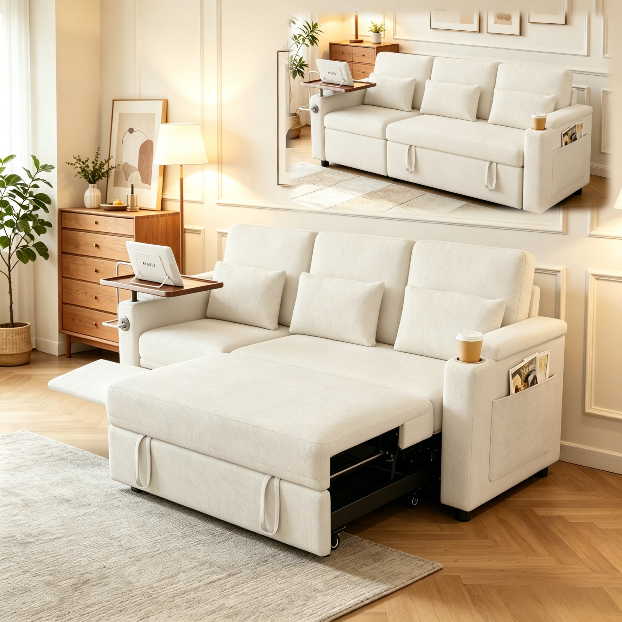 ShiKeyi 83" 3-in-1 Convertible Sofa Bed, Chenille 3 Seater Couch with Adjustable Backrest, USB Ports, Storage Armrests & Fold-Down Table, Off White