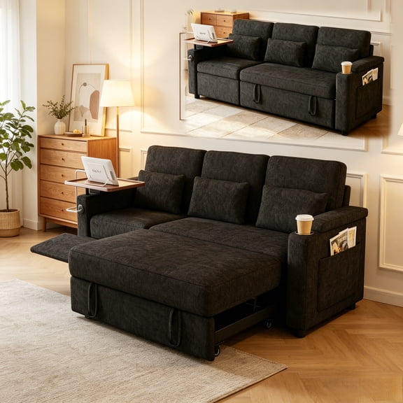 ShiKeyi 83" 3-in-1 Convertible Sofa Bed, Chenille 3 Seater Couch with Sleeper Sofa Function, Adjustable Backrest, USB Ports & Storage Armrests, Black