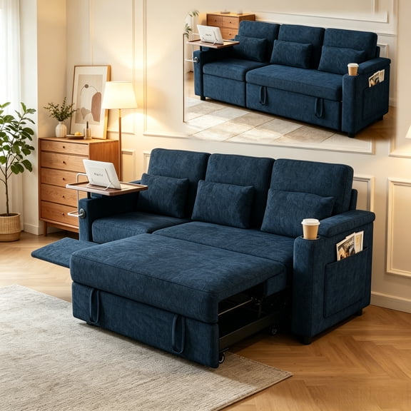 ShiKeyi 83" 3-in-1 Convertible Sofa Bed, Chenille 3 Seater Couch with Sleeper Sofa Function, Adjustable Backrest, USB Ports & Storage Armrests, Blue