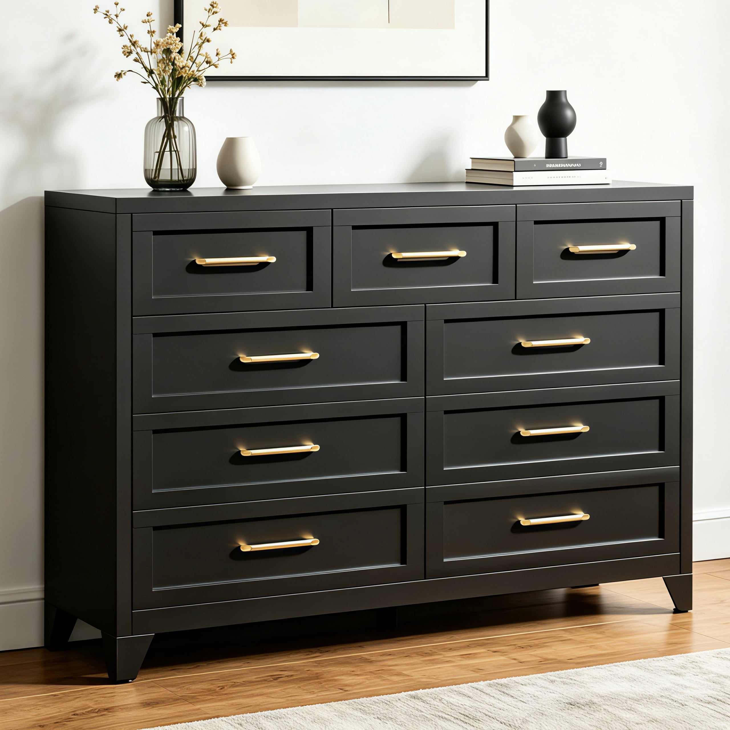 ShiKeyi 9 Drawer Dresser for Bedroom, Modern Metal Wide Storage Chest with Metal Handles and Legs, Black