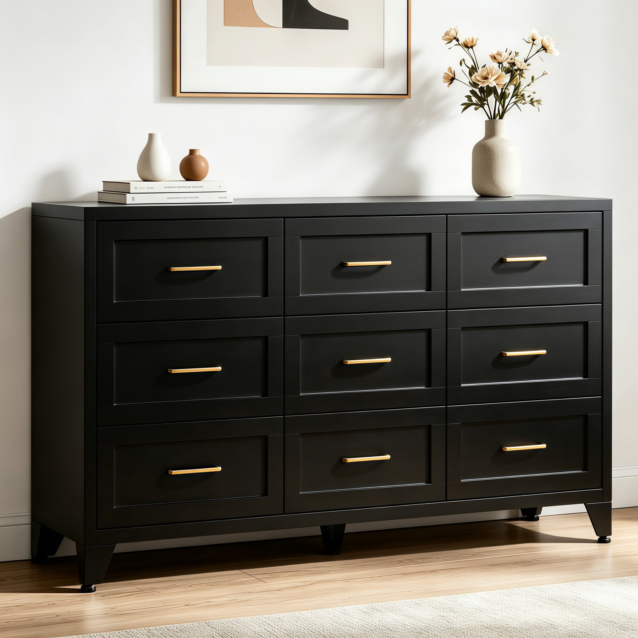 ShiKeyi 9 Drawer Dresser for Bedroom, Modern Metal Wide Storage Chest with Metal Handles and Legs, Black