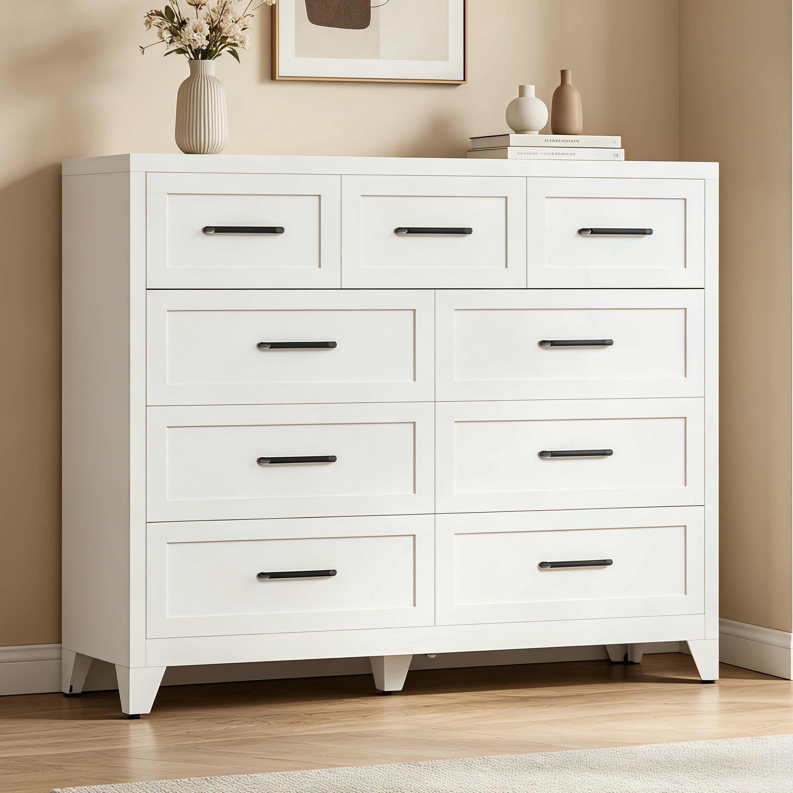 ShiKeyi 9 Drawer Dresser for Bedroom, Modern Metal Wide Storage Chest with Metal Handles and Legs, White