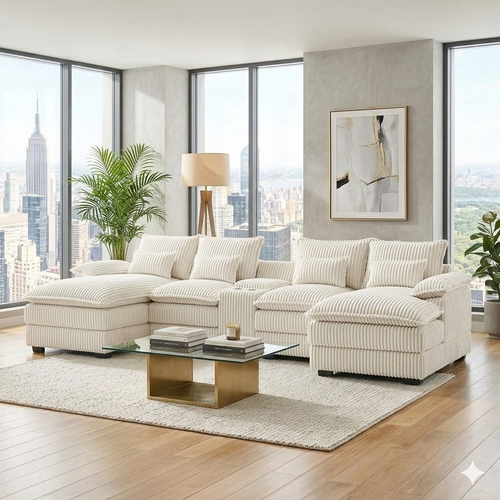 ShiKeyi Oversided 124" U Shaped Cloud Couch Sectional, DeepSeat Sofa Bed with USB Charging, Hidden Storage, Cup Holders & Chenille Double Chaise, Beige